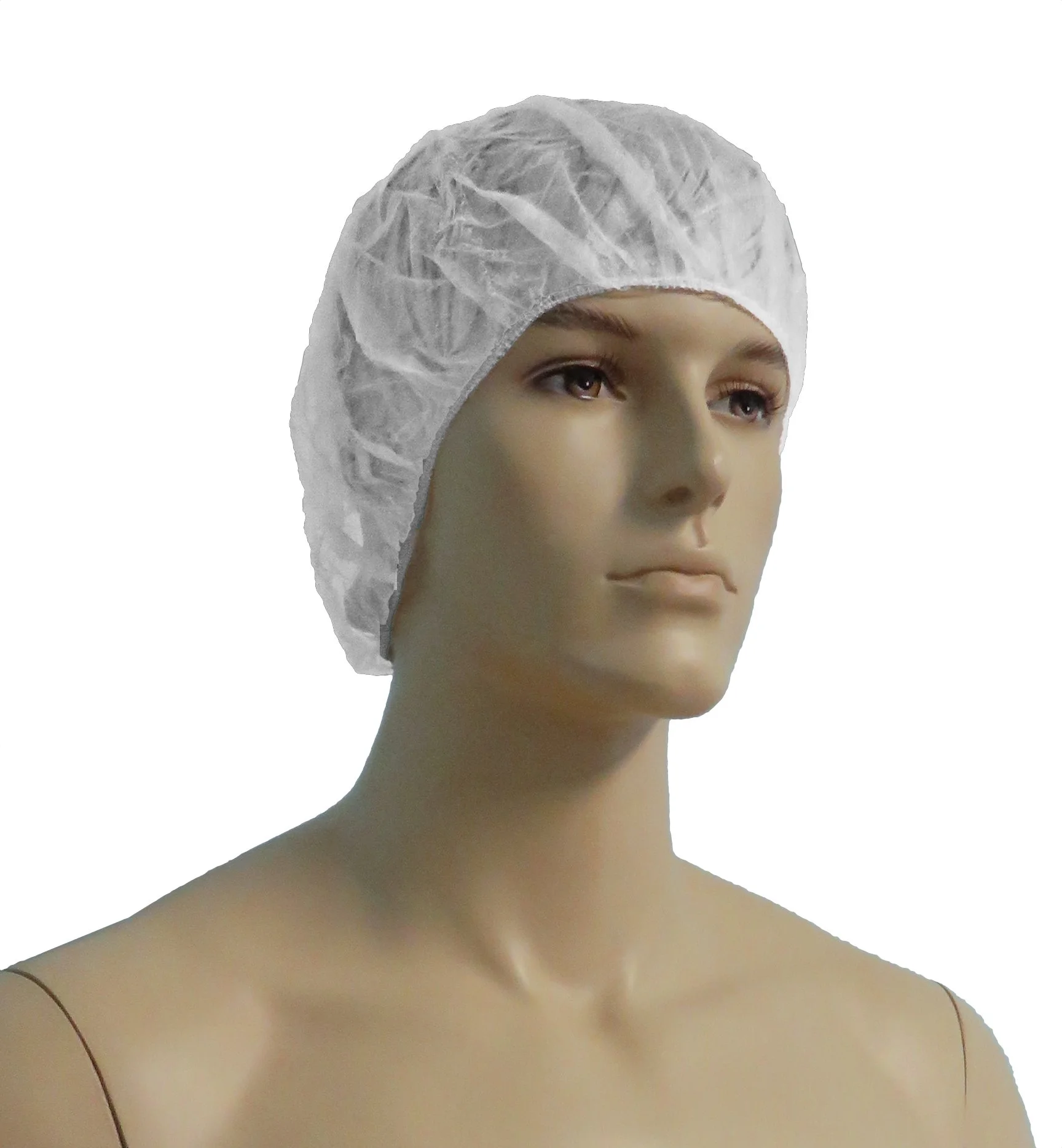 A mannequin head wearing a disposable white hairnet against a plain white background.