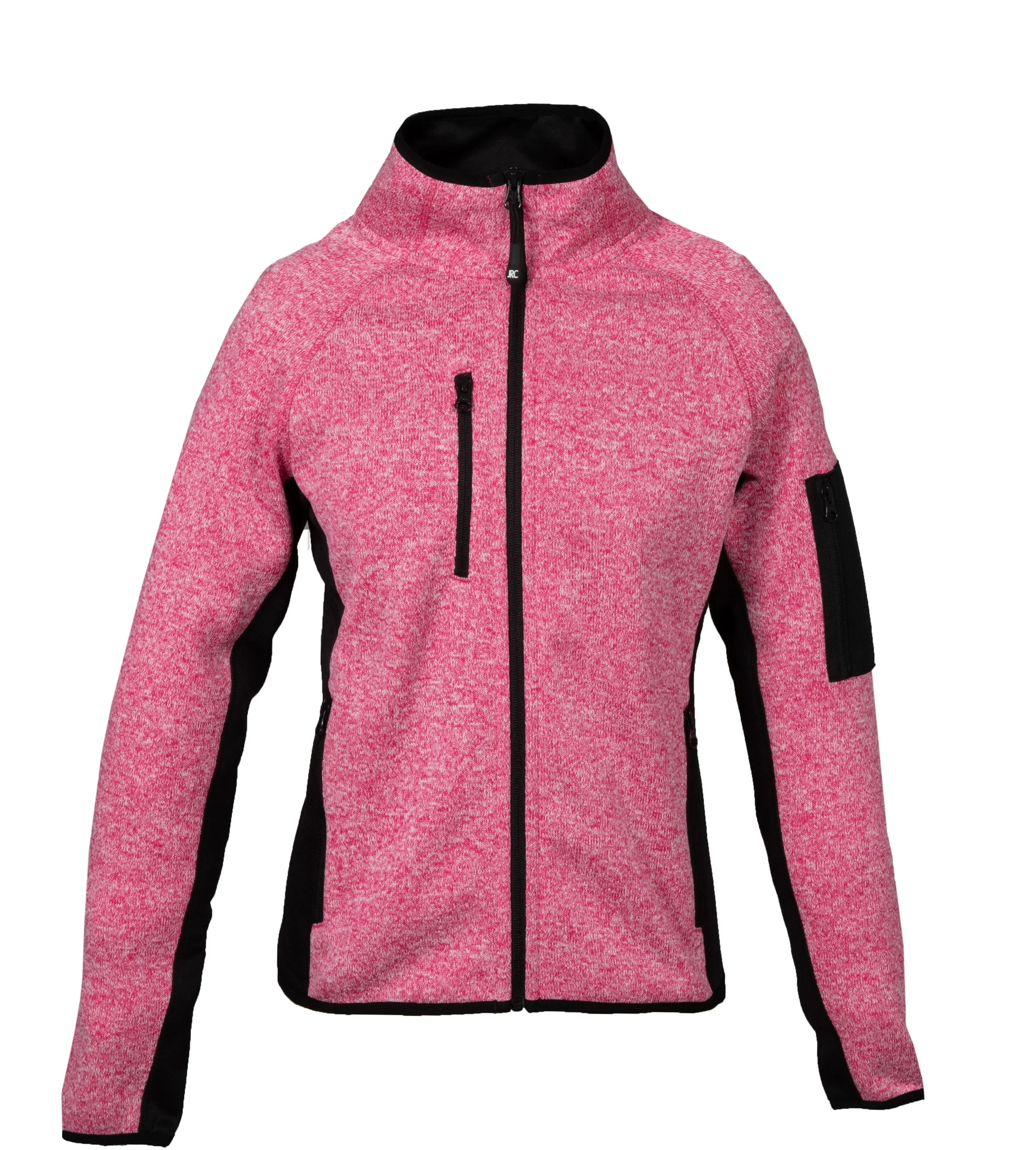 Pink and black outdoor fleece jacket with zippered pockets and a high collar.