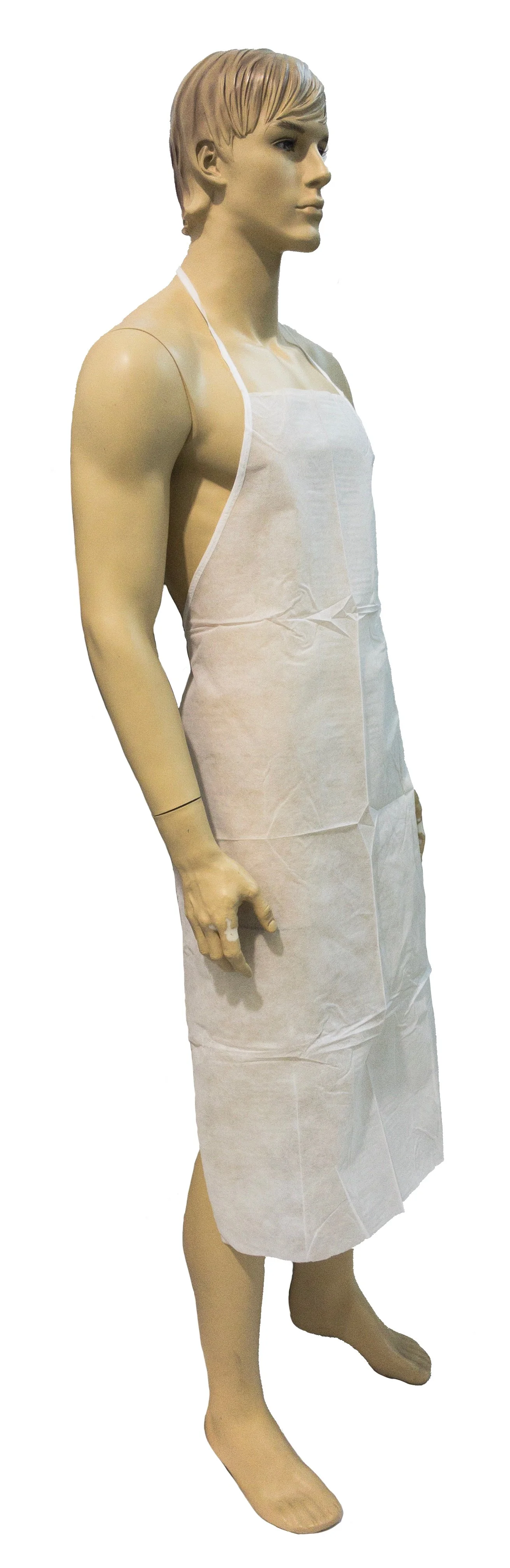 A male mannequin wearing a white apron standing against a white background.