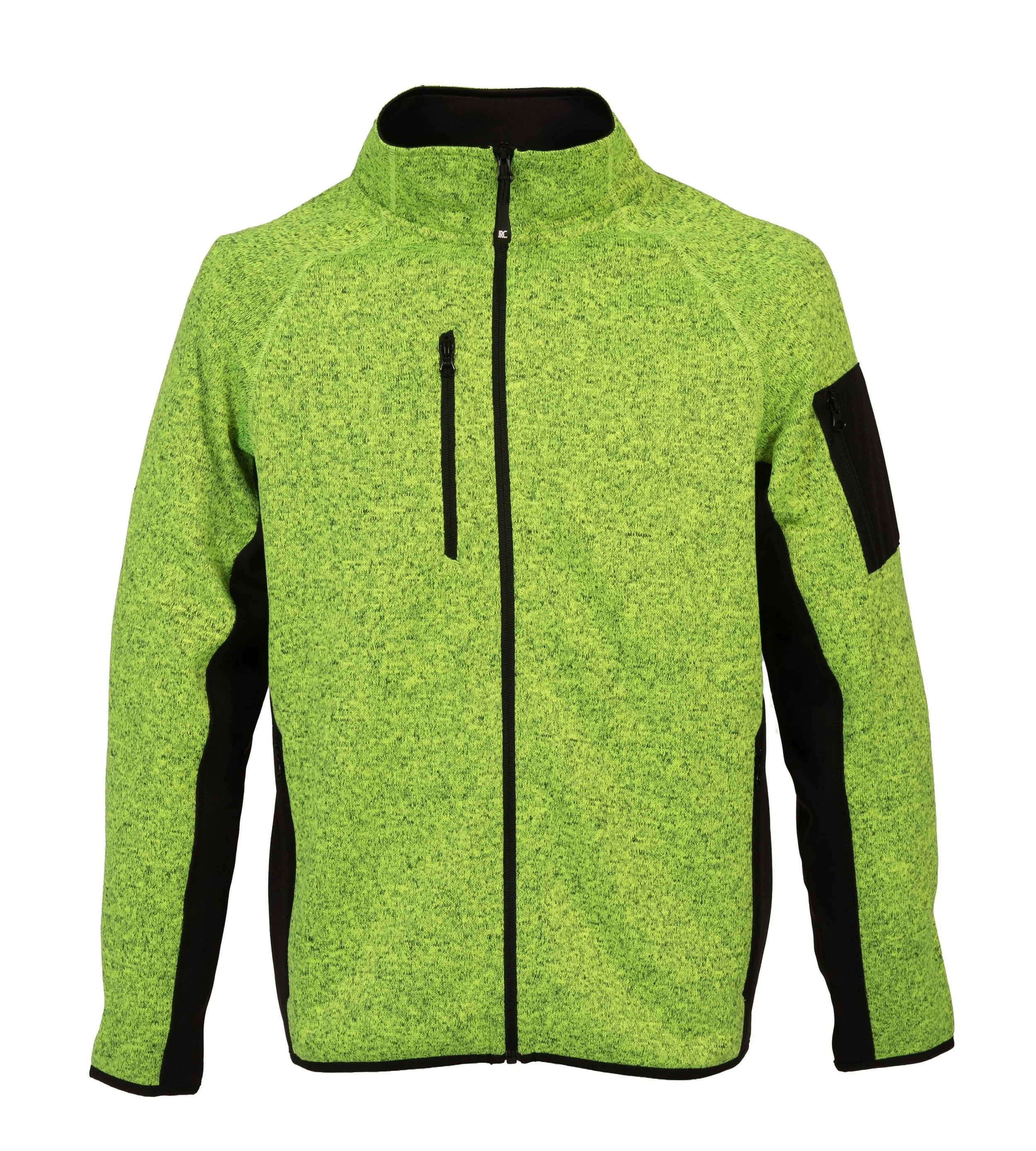 Bright yellow-green zip-up fleece jacket with black accents and a sleeve pocket.