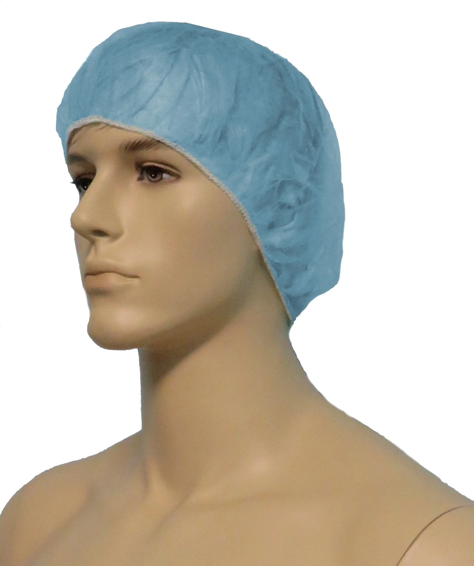 Mannequin head wearing a white disposable hair cap, profile view.