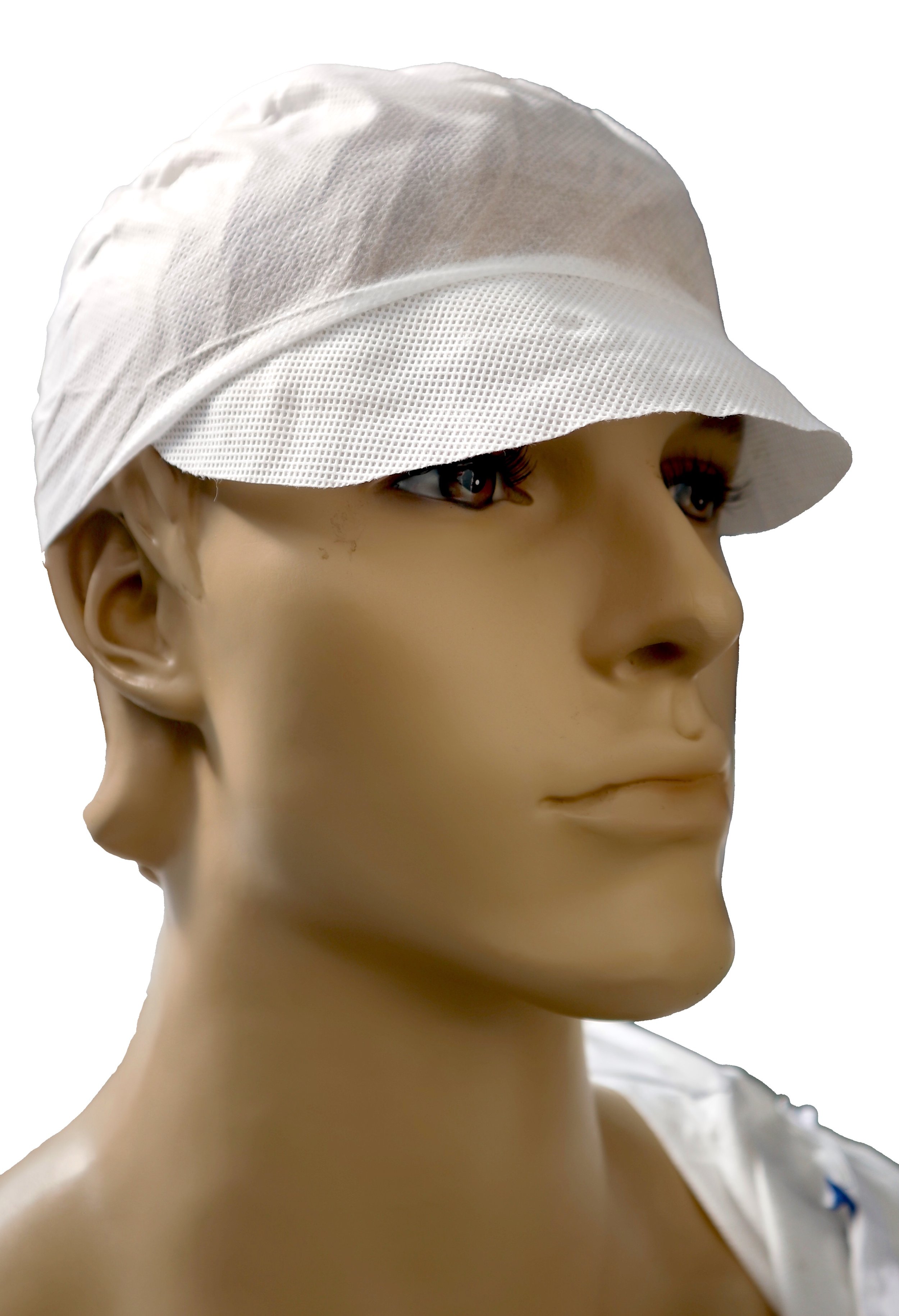 Mannequin wearing a white surgical cap with a brim.