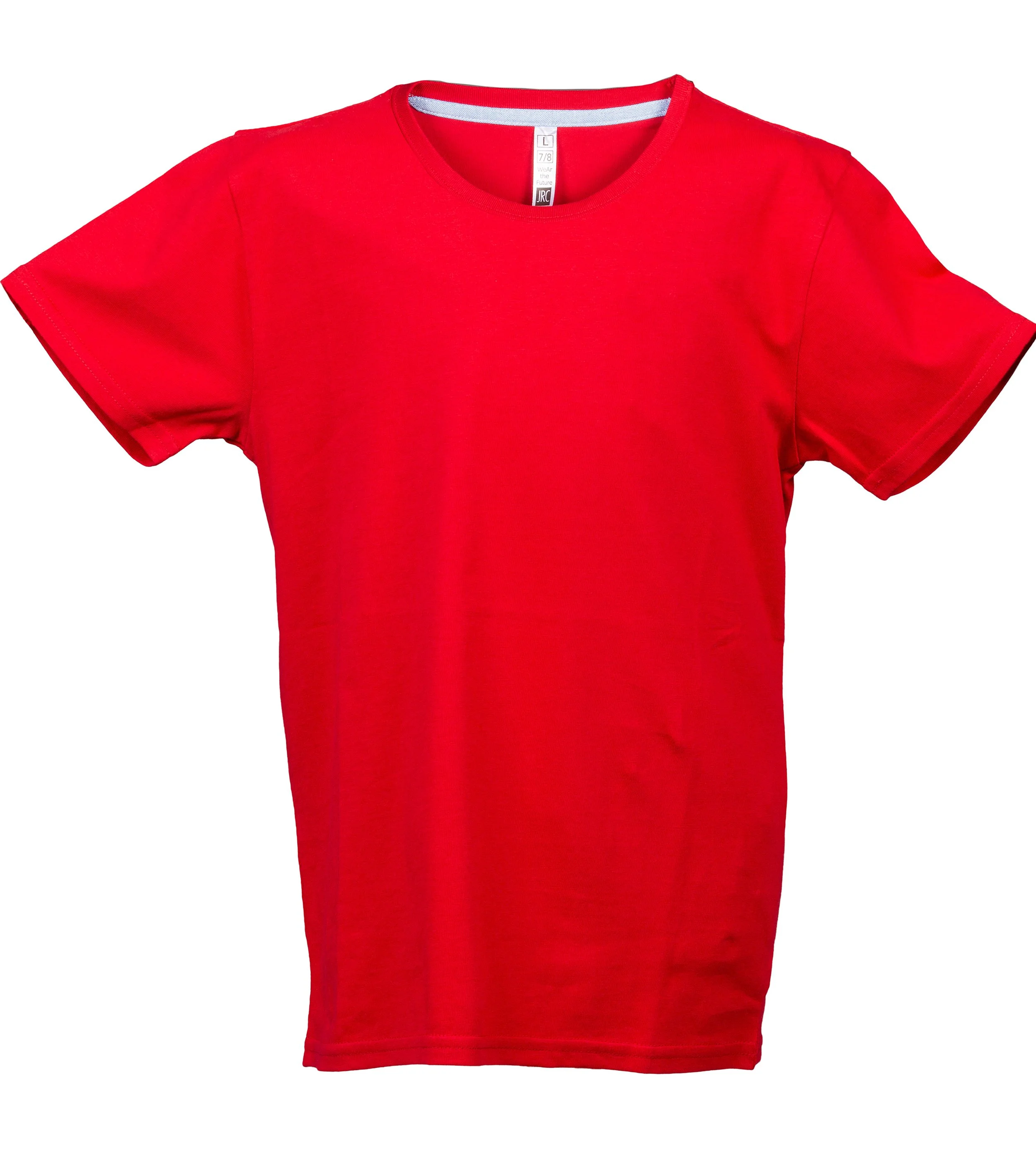 Red short-sleeve t-shirt with round neckline on a white background.