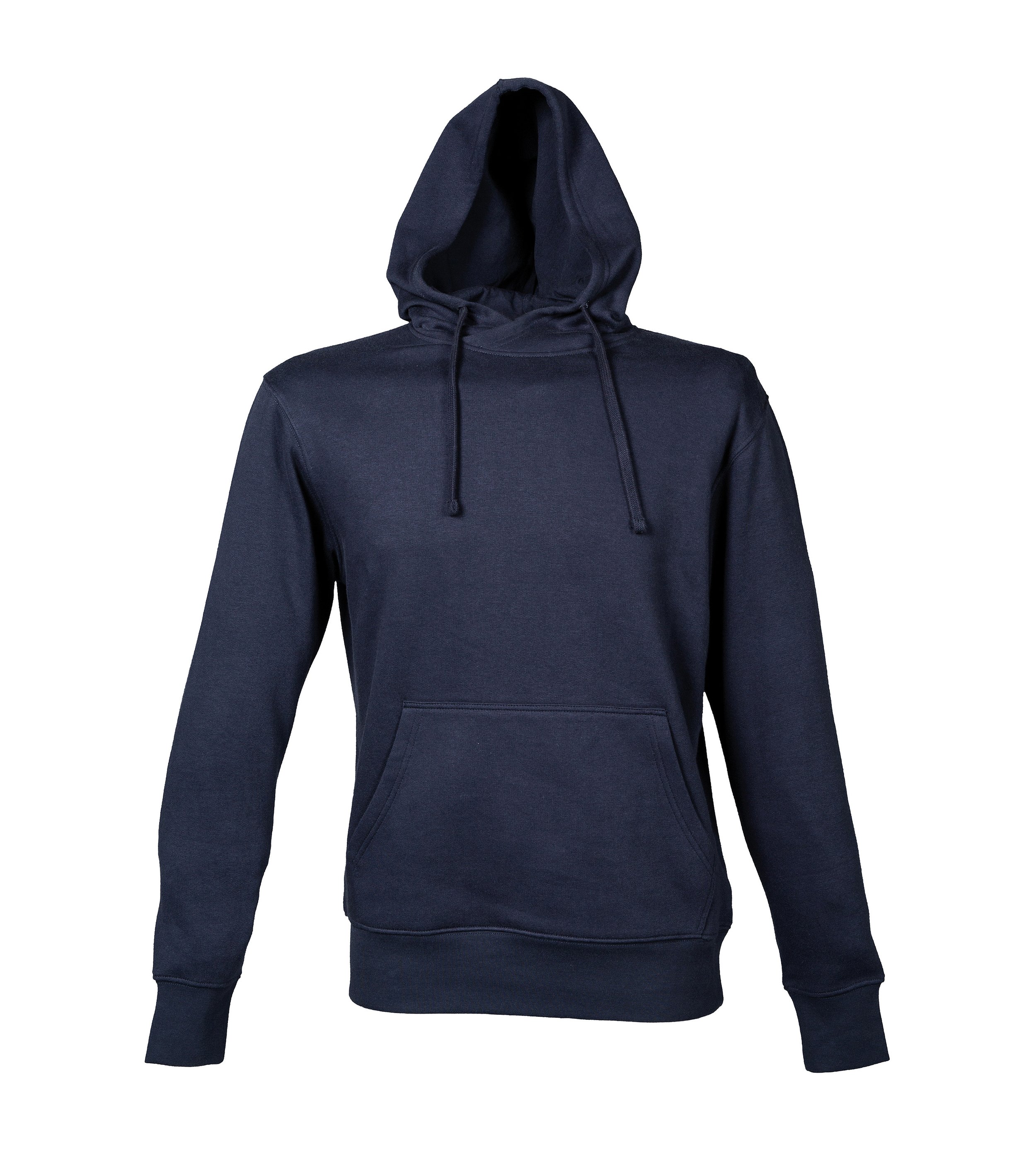 Navy blue hoodie with front pocket and drawstring hood.