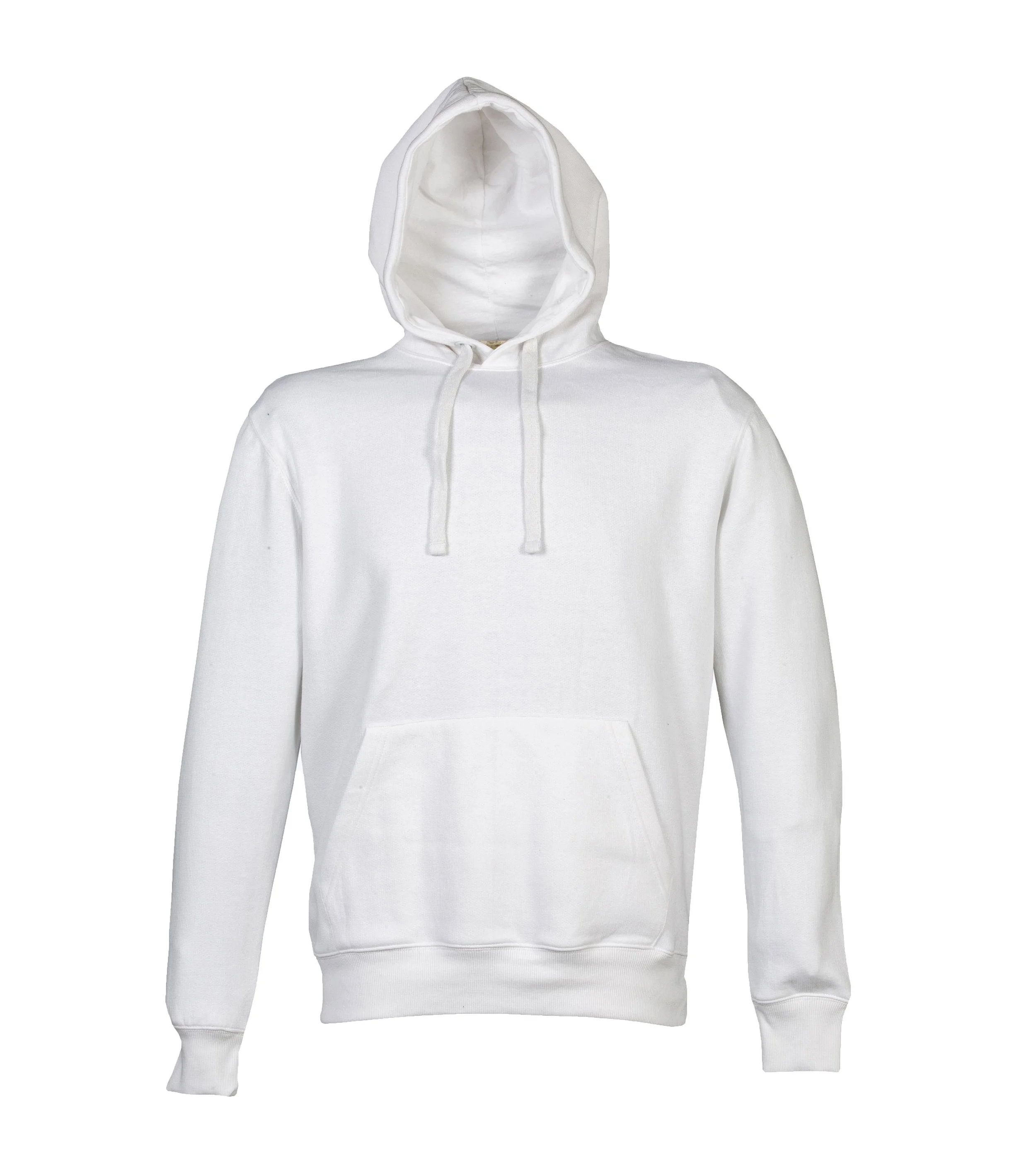 White hoodie with front pocket and drawstring hood
