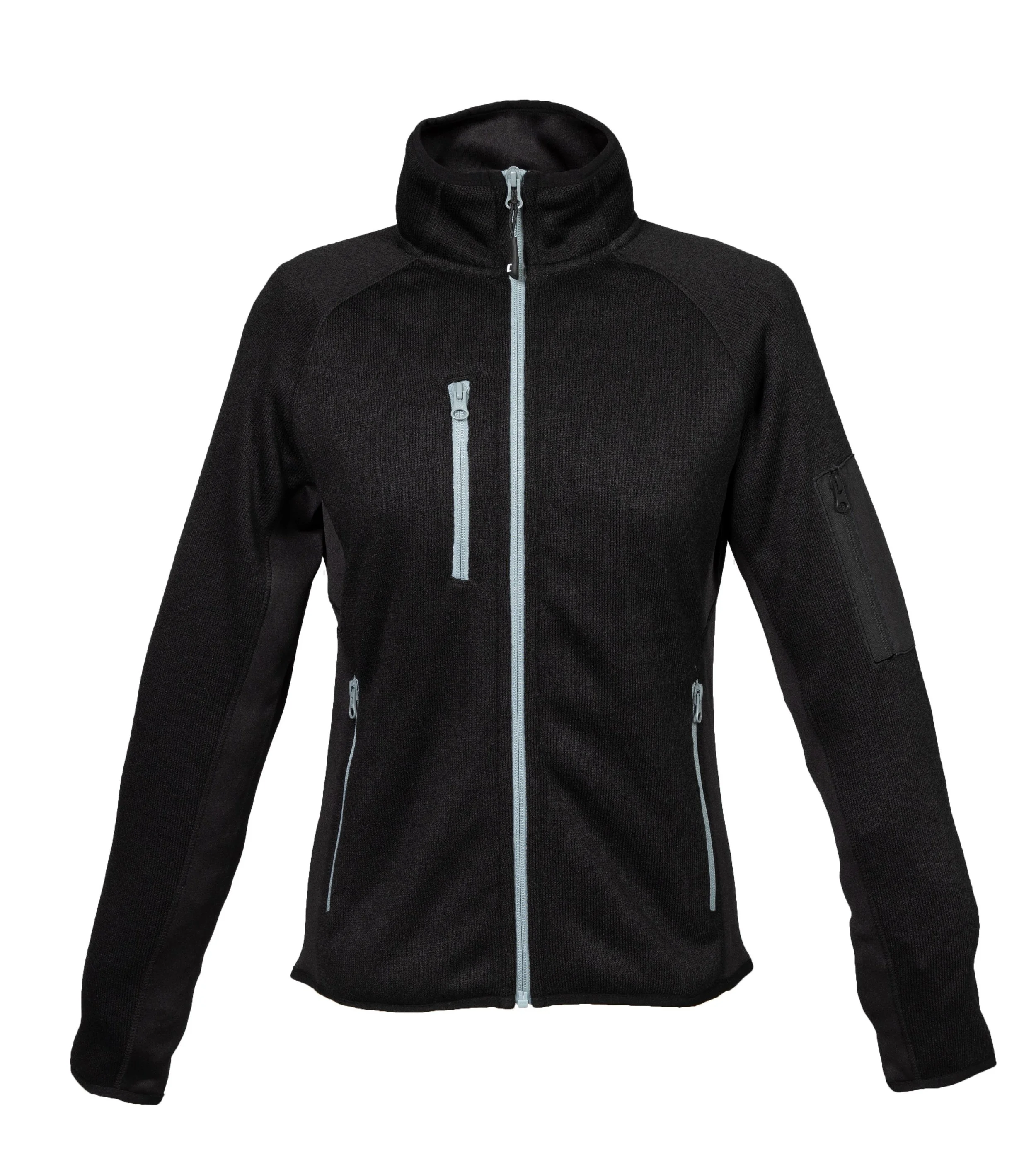 Black fleece jacket with light gray zippers and a high collar, featuring three zippered pockets, one on the chest and two on the sides.