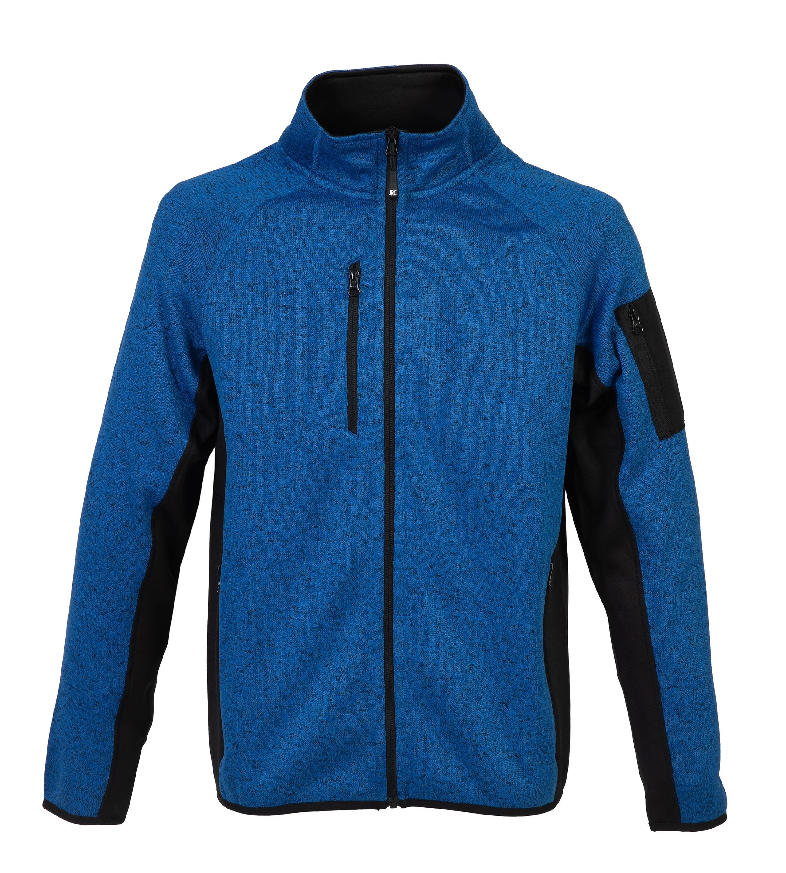 Blue and black outdoor fleece jacket with a front zipper and a zippered pocket on the chest.