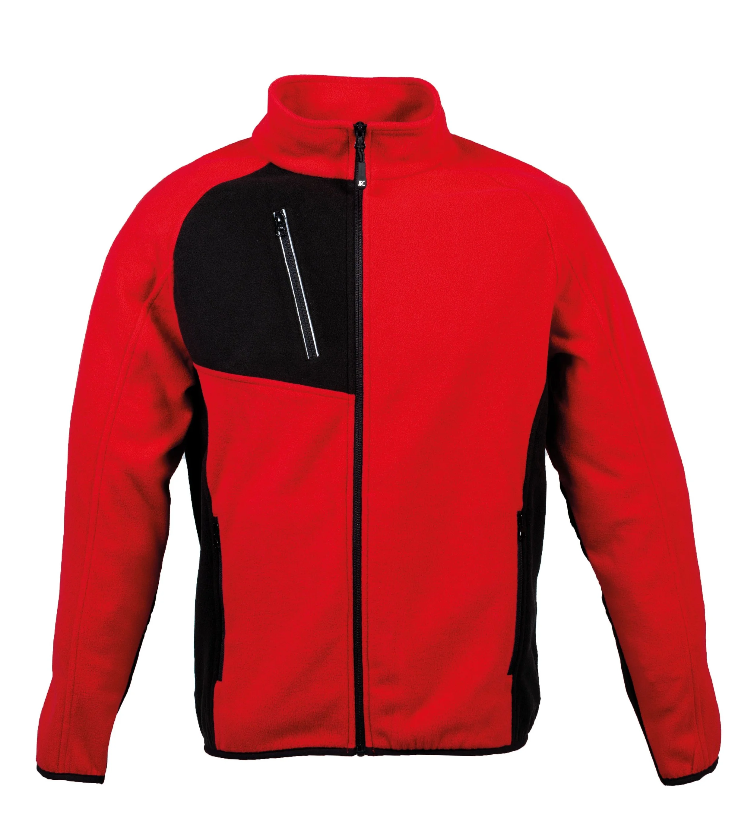 Red and black zip-up fleece jacket with a high collar and zippered pockets.