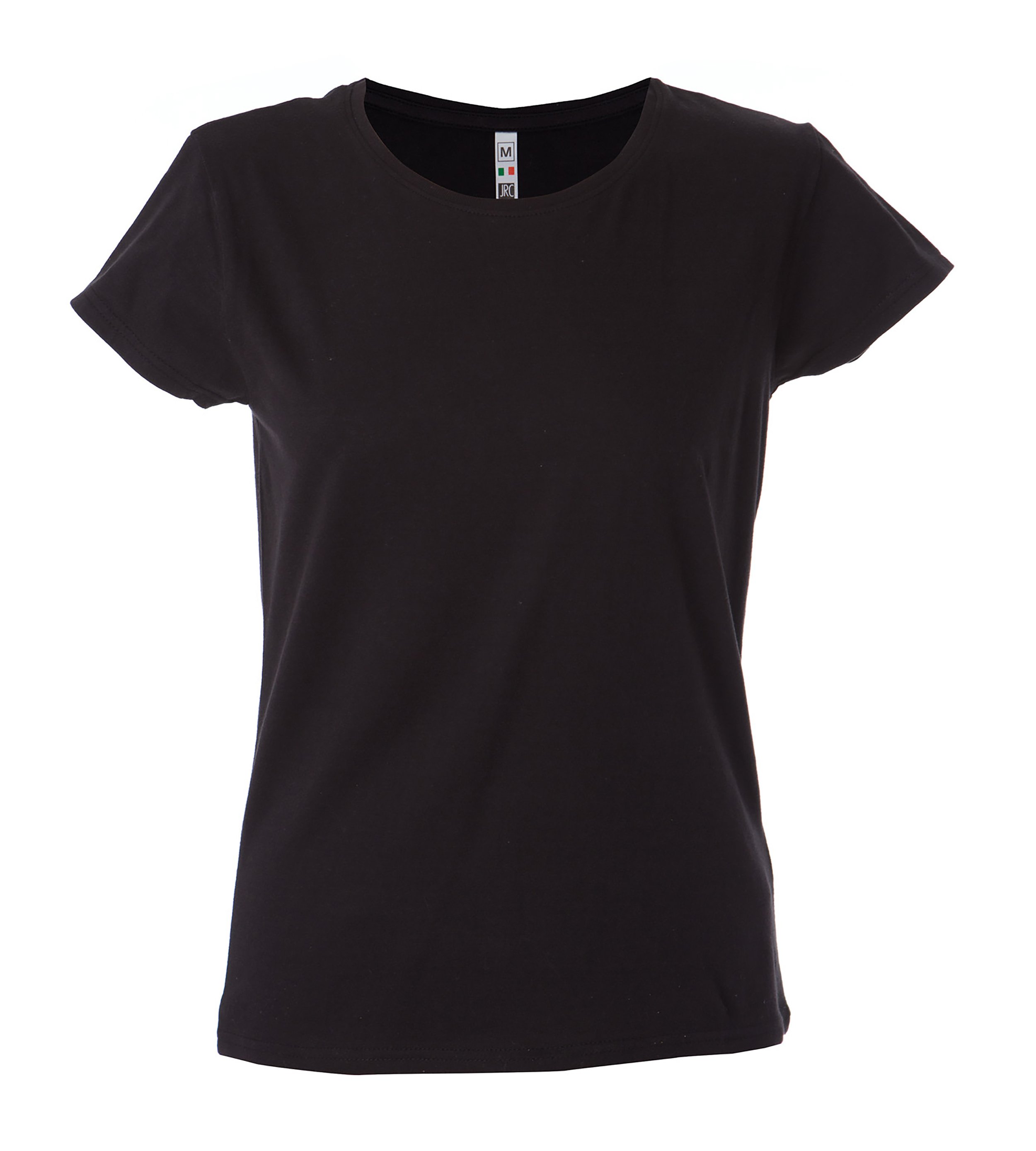Black short-sleeve T-shirt on a plain white background.