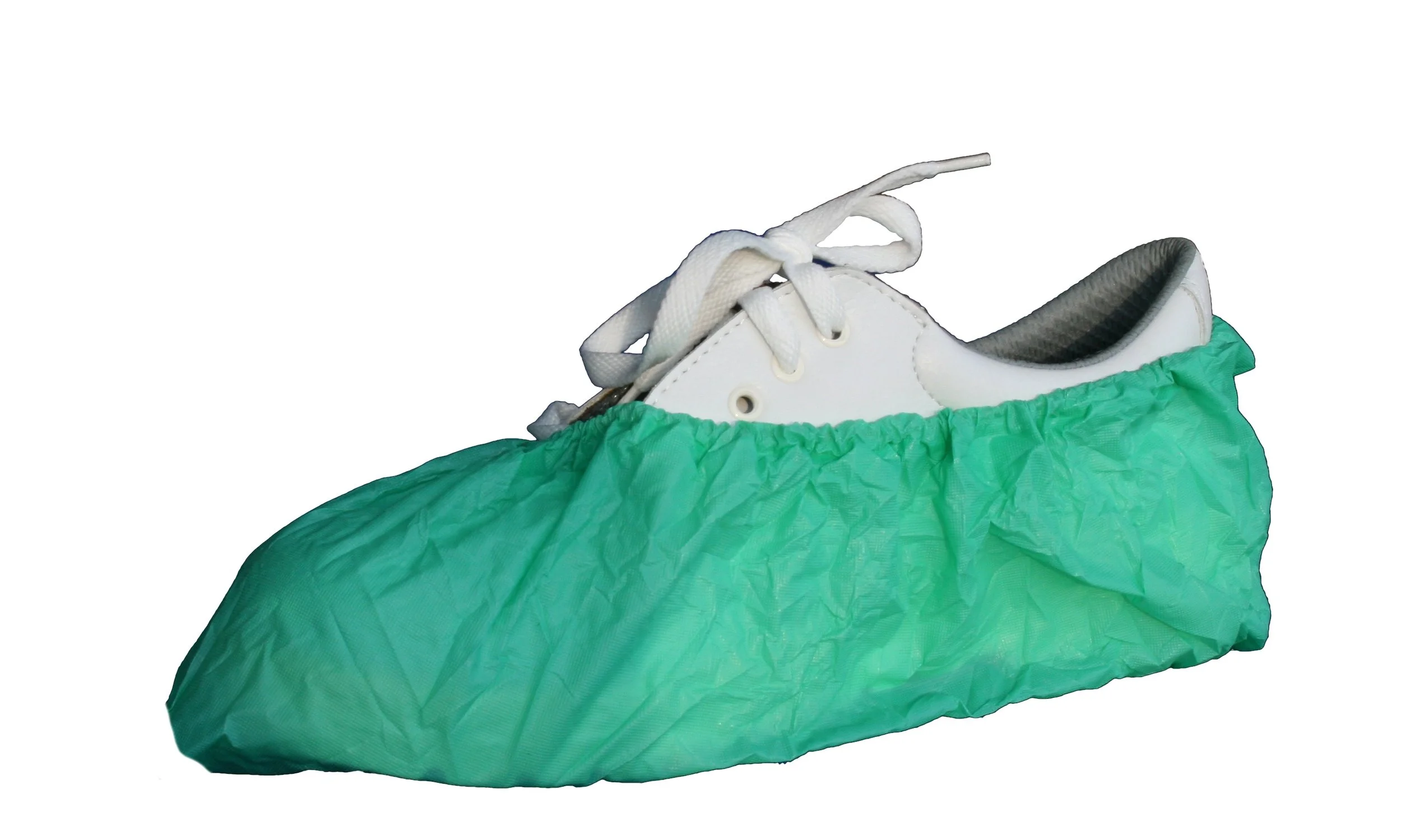 Disposable shoe cover on a mannequin foot, white with blue elastic edges.