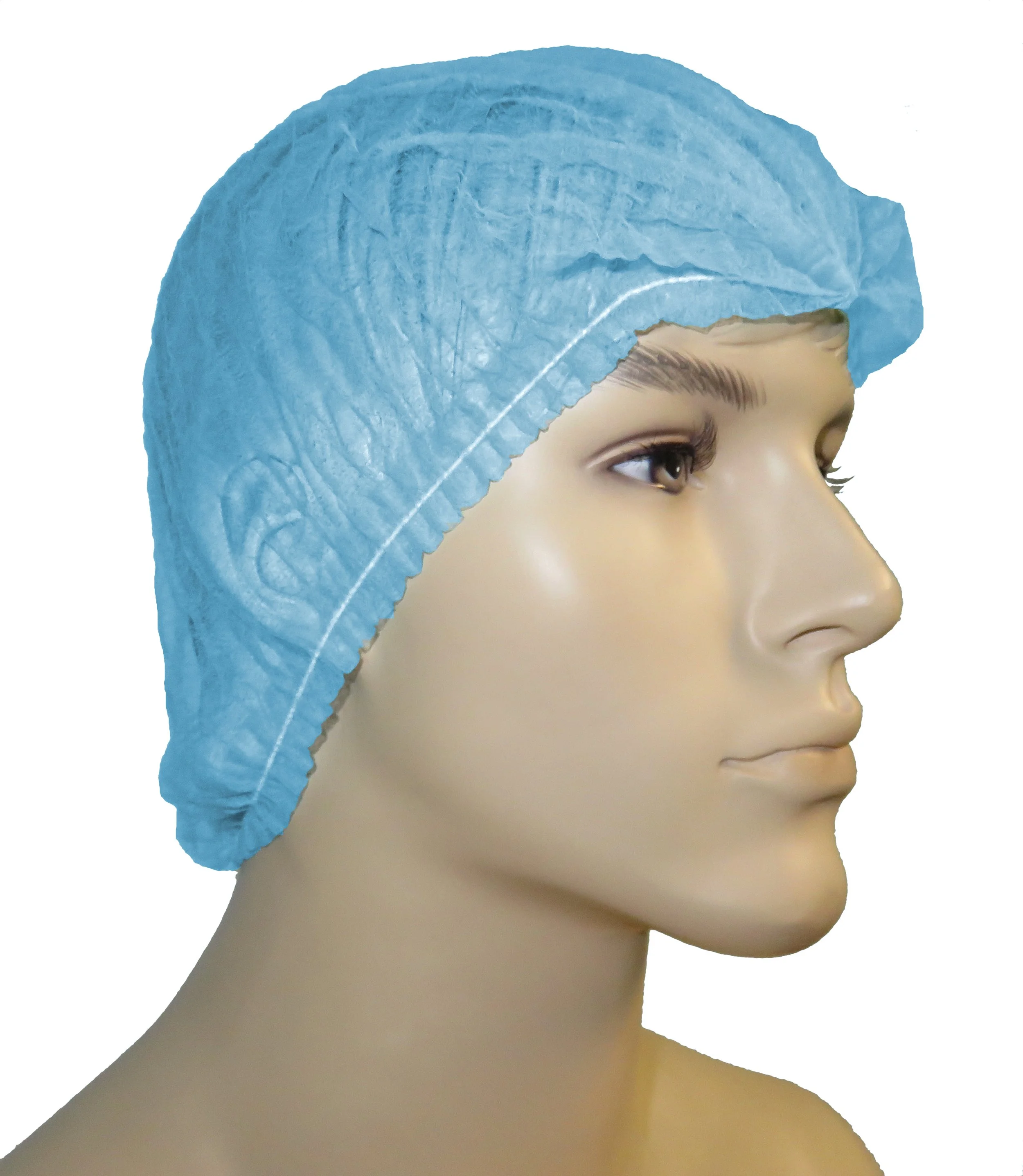Mannequin head wearing a white disposable hair cap, profile view.