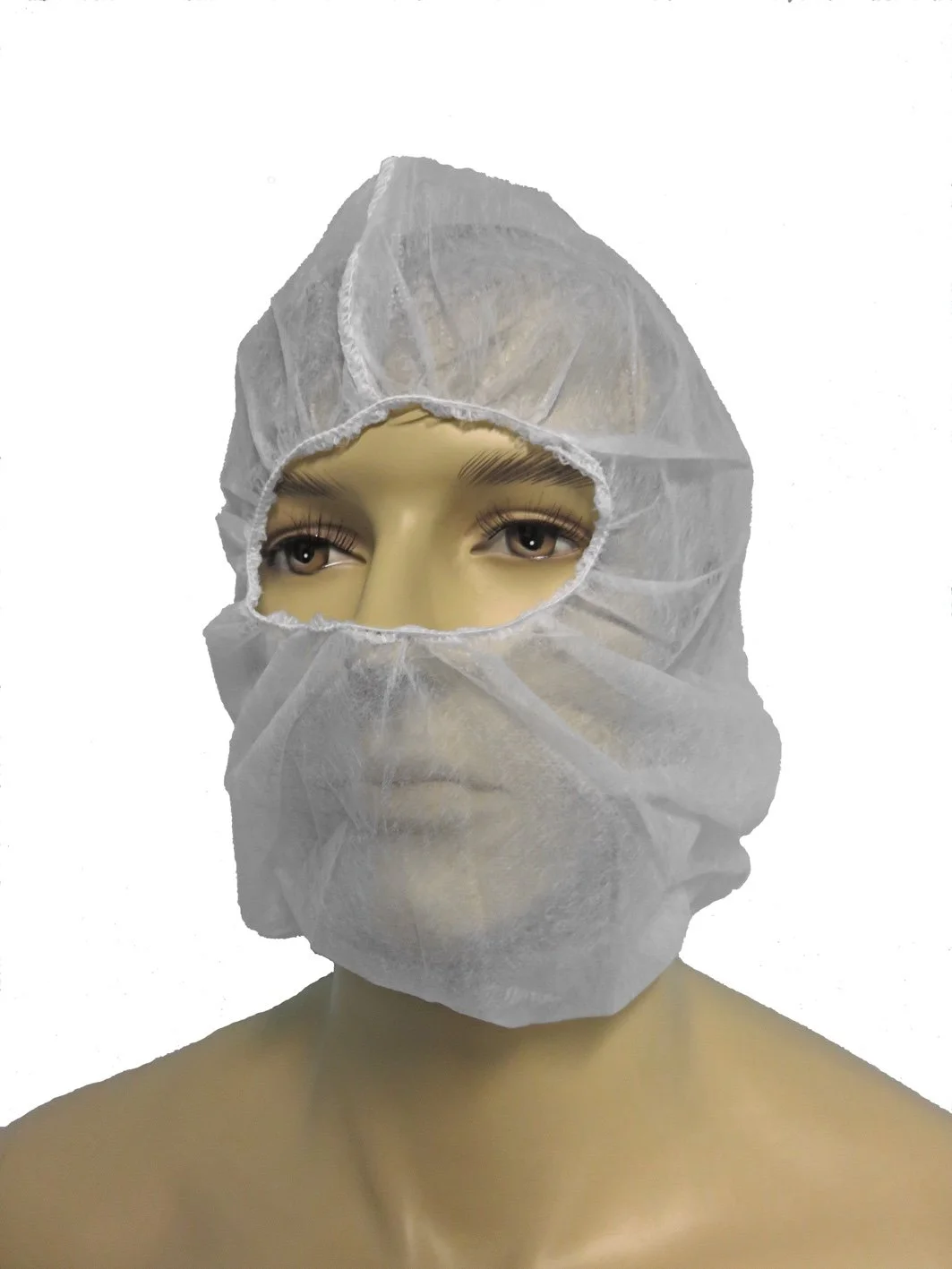 Mannequin head wearing a white disposable protective coverall hood with open face revealing facial features and eyes.