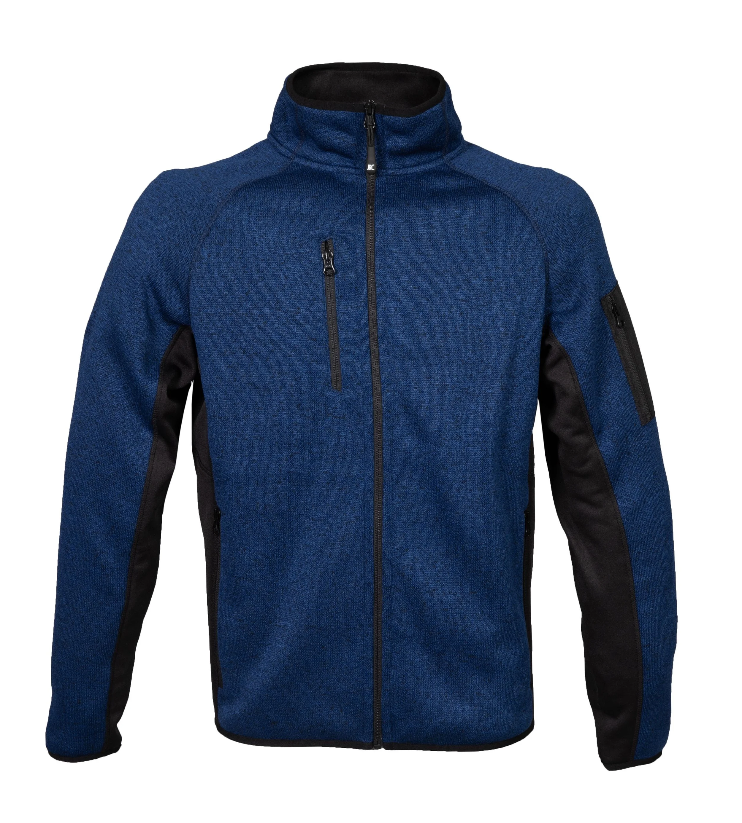 Blue and black fleece jacket with zippered pockets and a high collar.