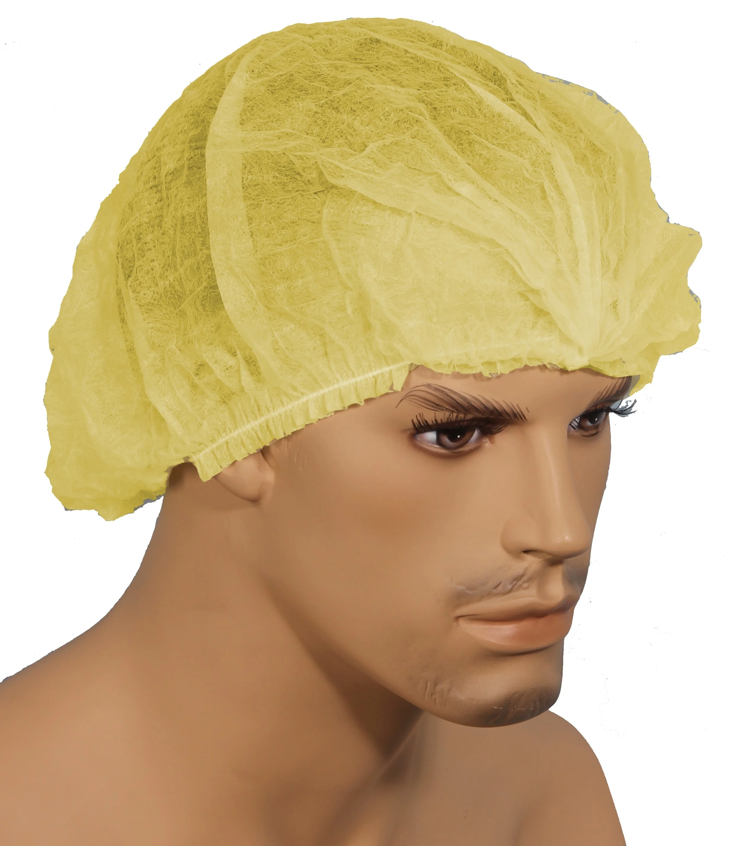 Mannequin head wearing a white disposable protective coverall hood with open face revealing facial features and eyes.