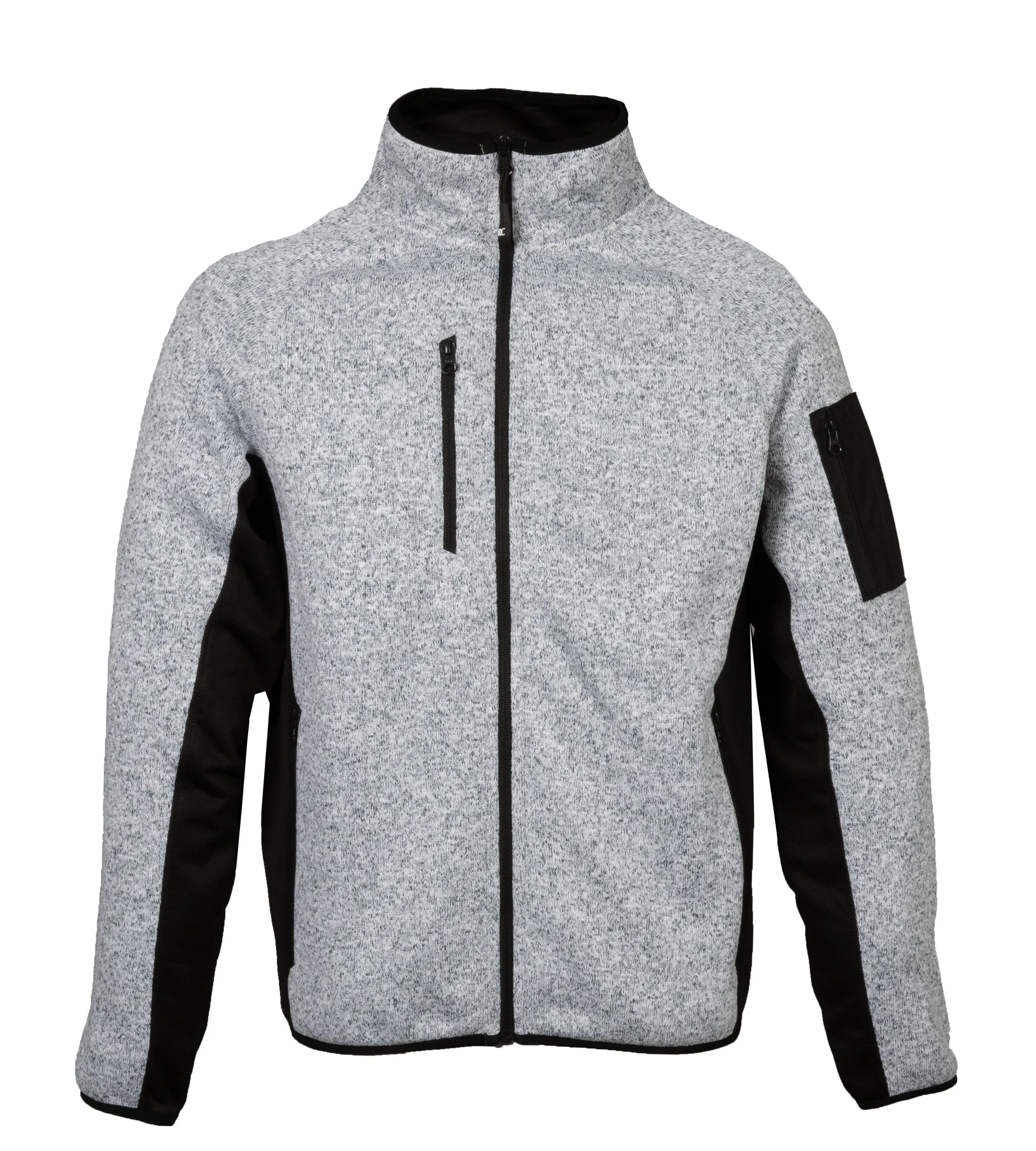 Gray and black zip-up jacket with a high collar and multiple zippered pockets.