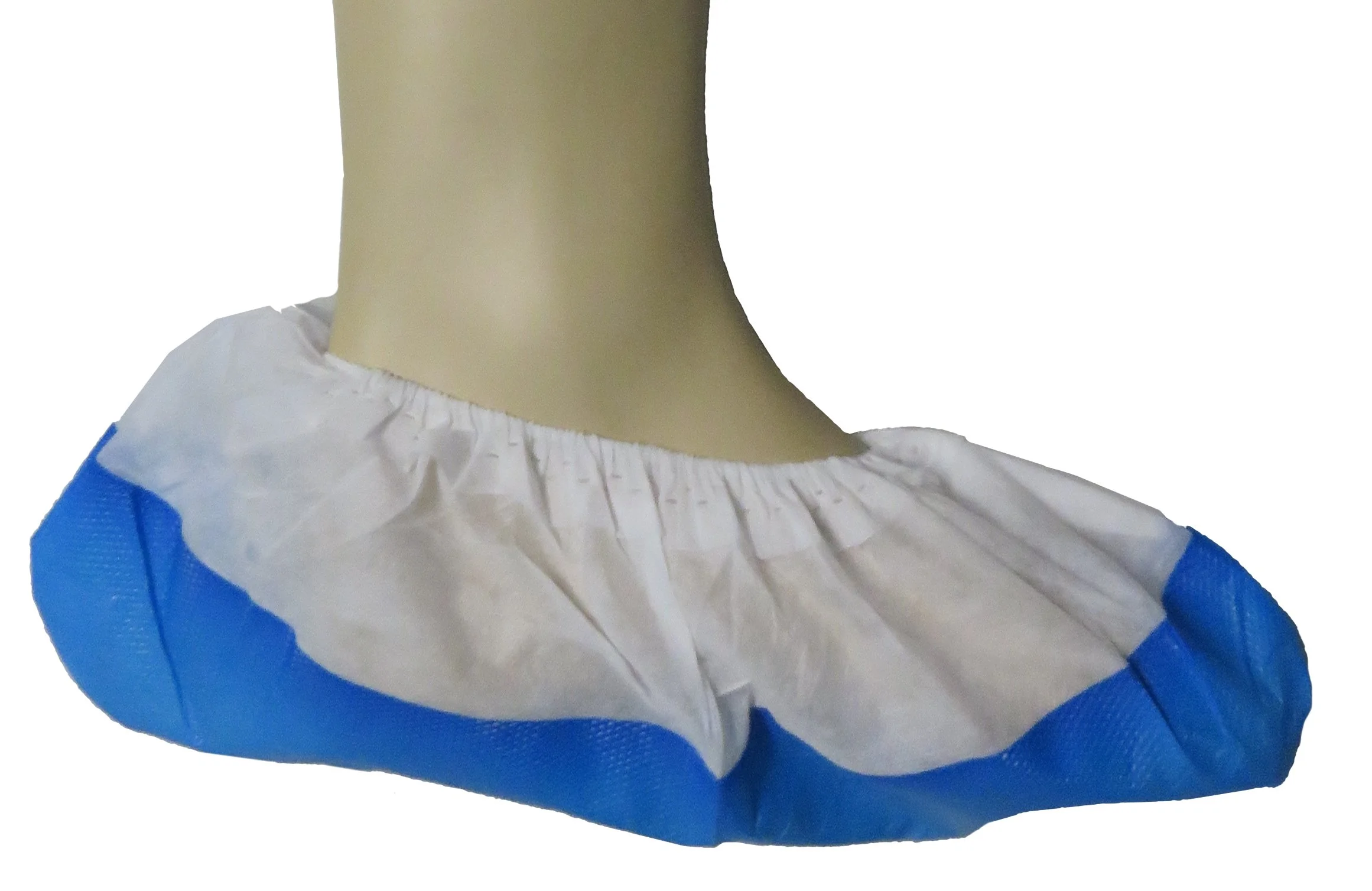 Disposable shoe cover on a mannequin foot, white with blue elastic edges.