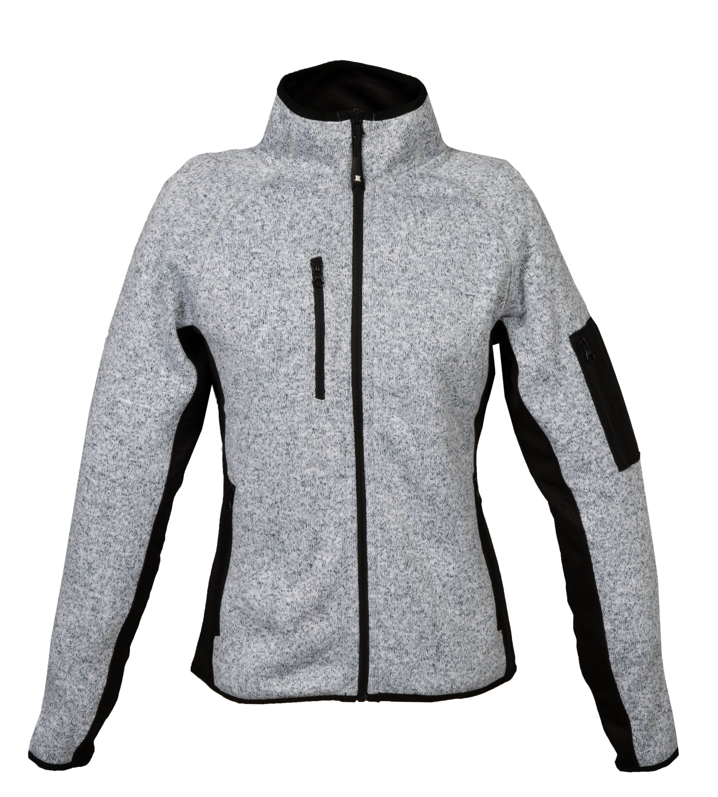 Gray and black zip-up athletic jacket with black accents, standing against a white background.
