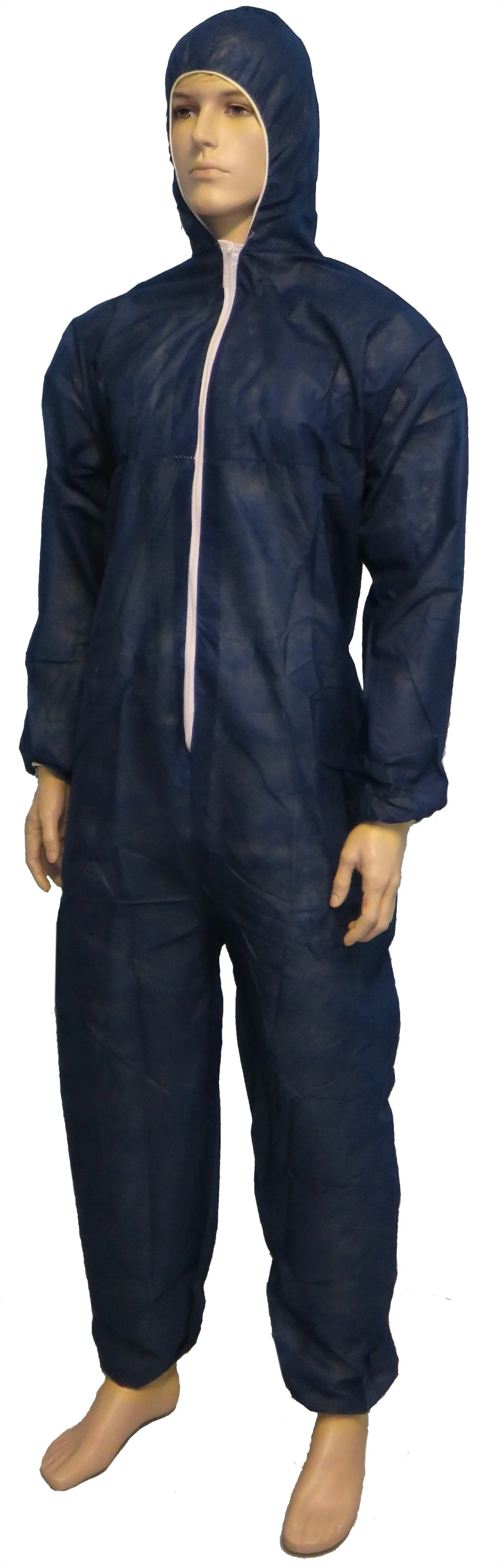 Mannequin wearing a white protective coverall with a front zipper, standing against a white background.
