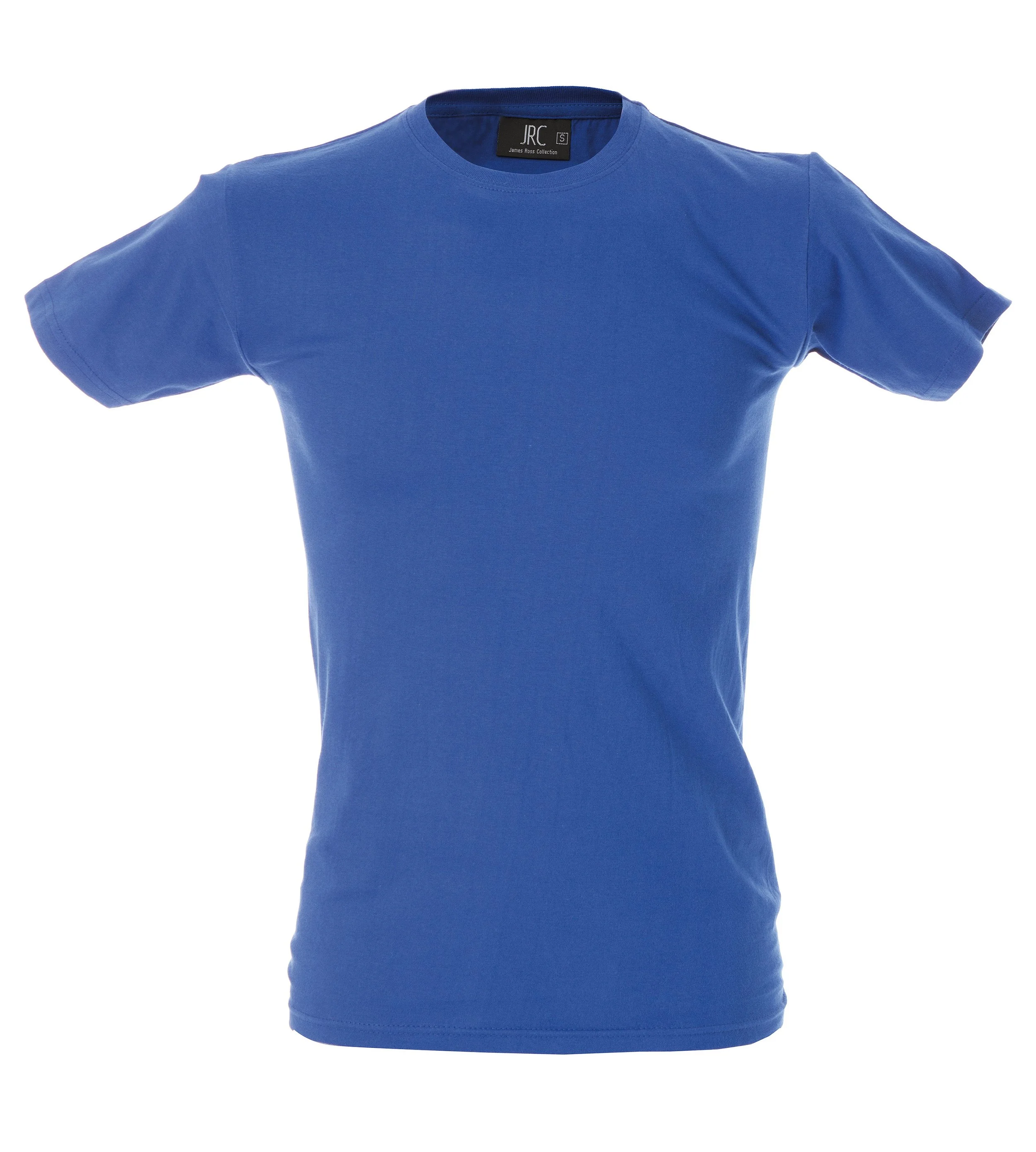 A plain blue T-shirt displayed on a white background.