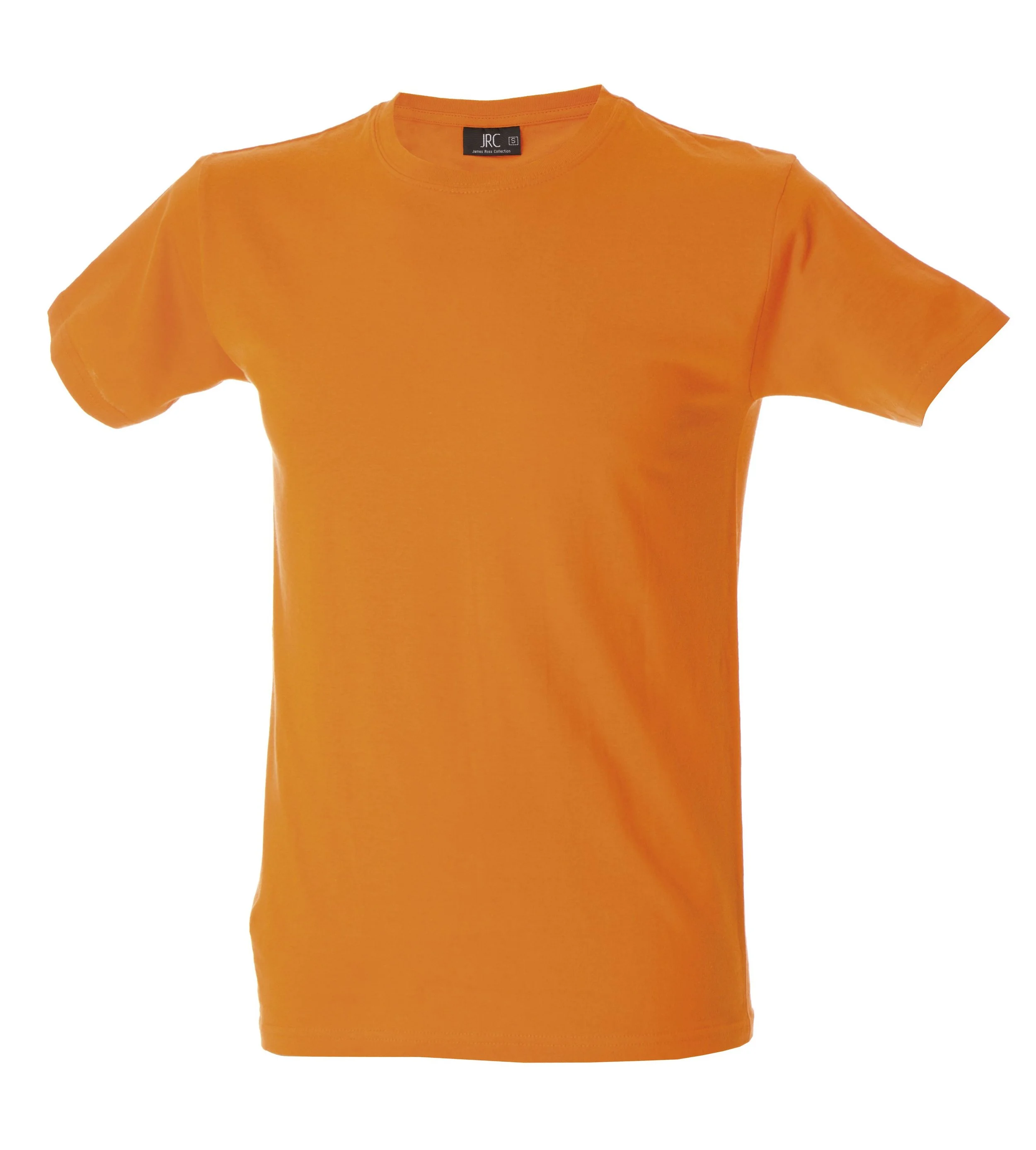 Orange T-shirt with a round neckline and short sleeves against a plain background.