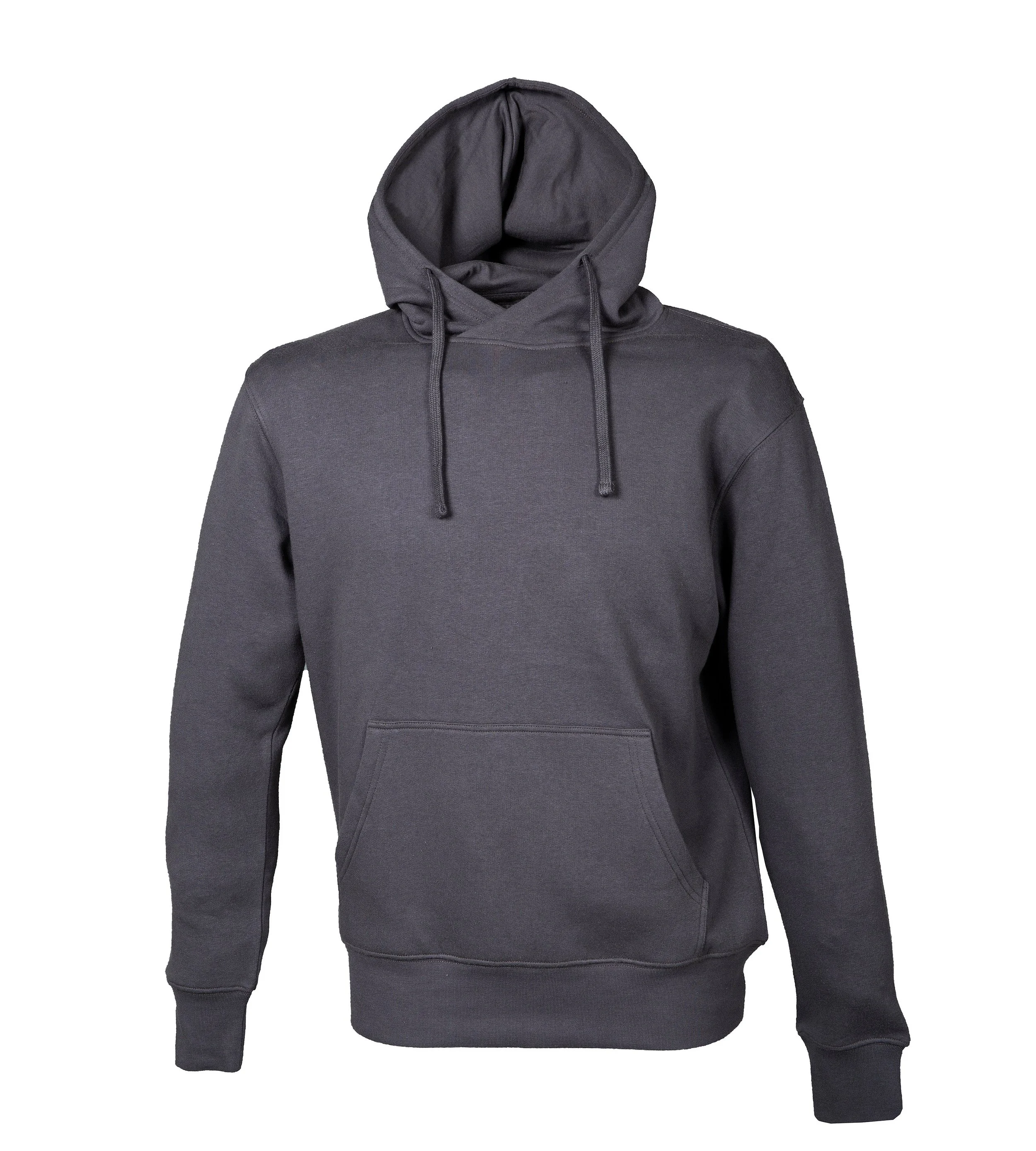 Gray hoodie sweatshirt with front pocket and drawstring hood