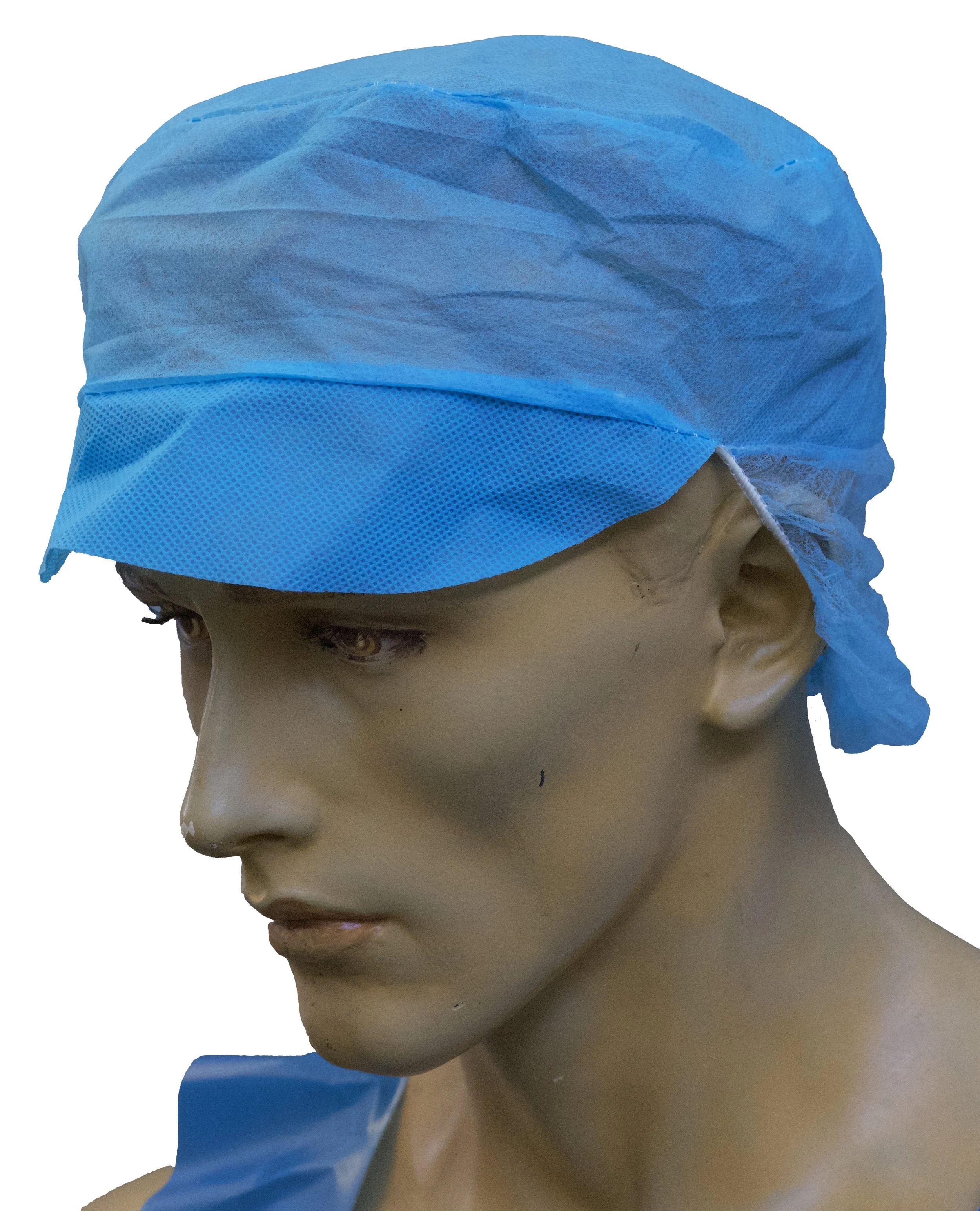 Mannequin head wearing a white disposable hair cap, profile view.