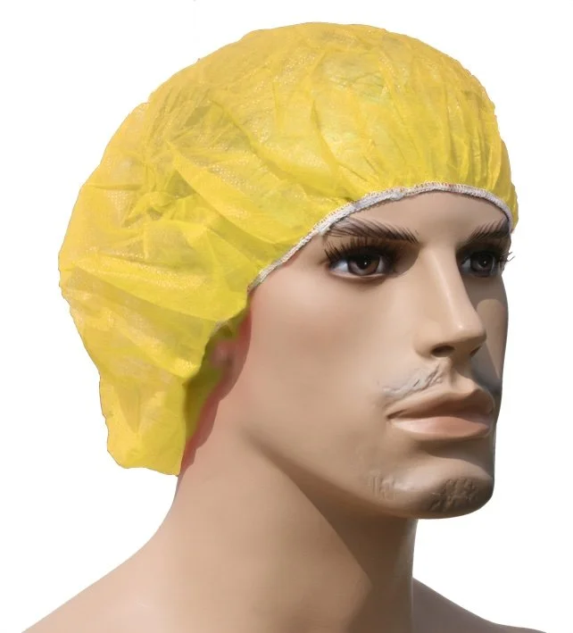 Mannequin head wearing a white disposable protective coverall hood with open face revealing facial features and eyes.