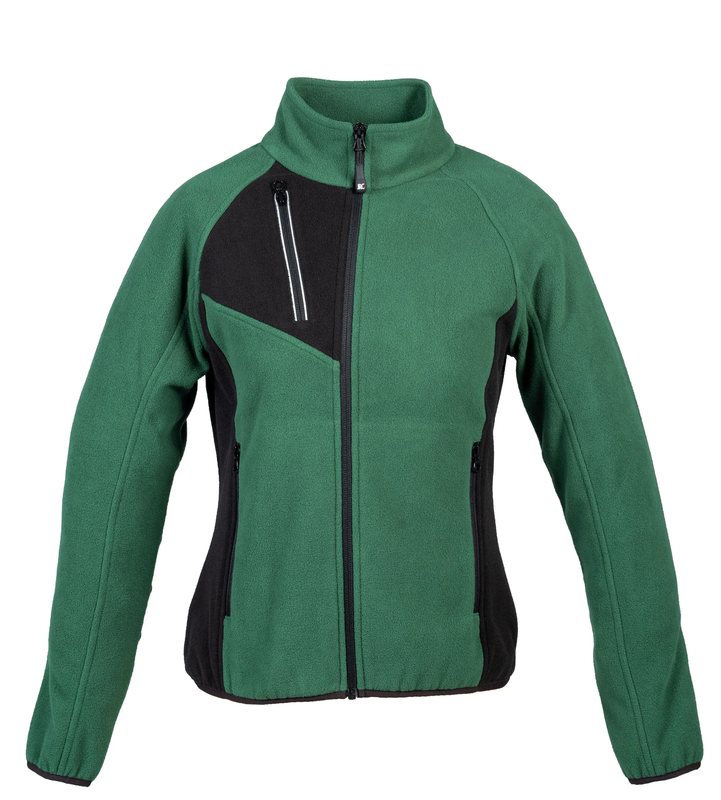 A green and black fleece jacket with multiple zippered pockets and a stand-up collar.