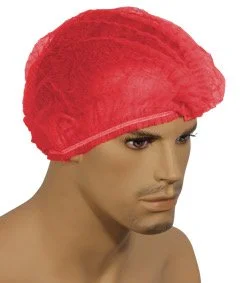 Mannequin head wearing a disposable hair net against a white background.