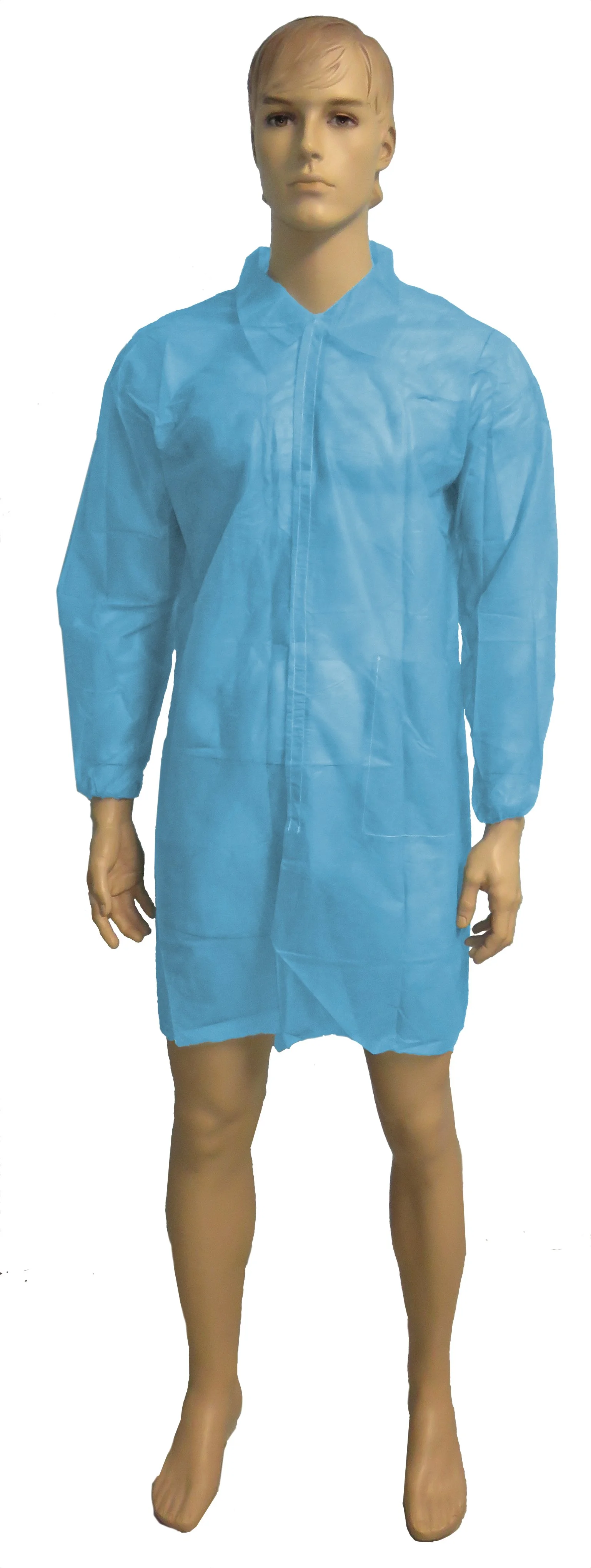 Mannequin dressed in a long white medical gown with long sleeves, standing against a plain background.