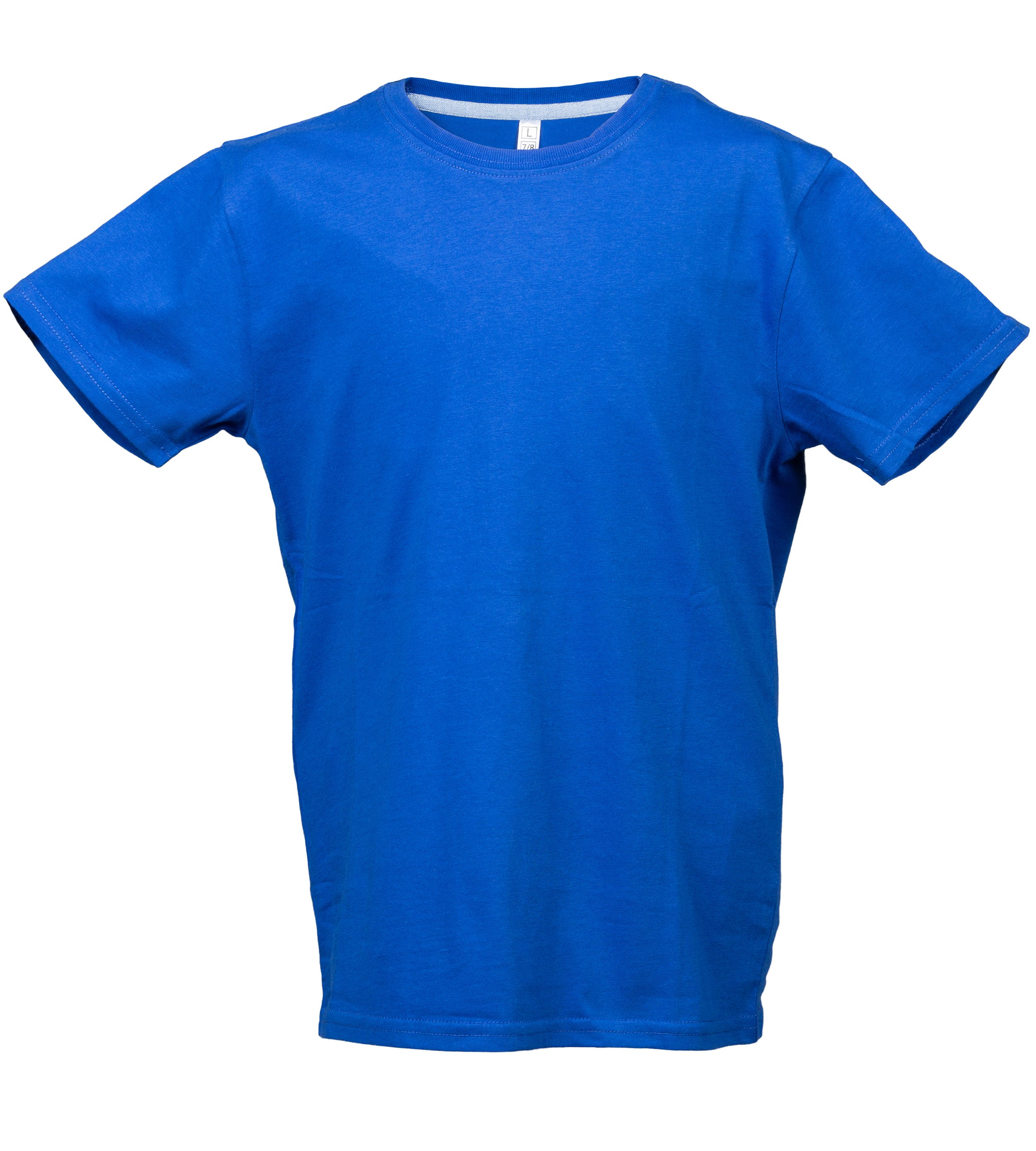 Blue short-sleeve T-shirt isolated on white background.