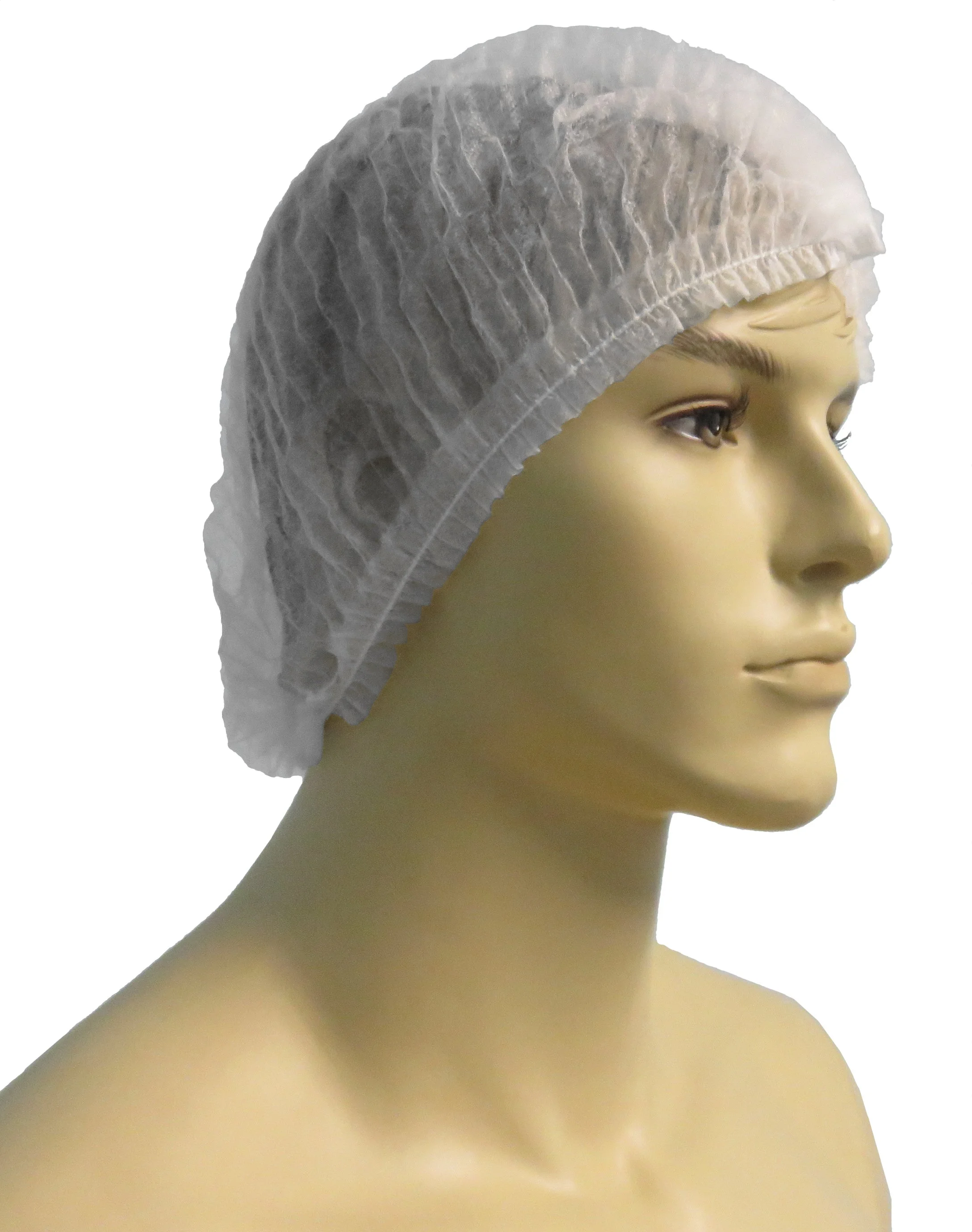 Mannequin head wearing a white disposable hair cap, profile view.