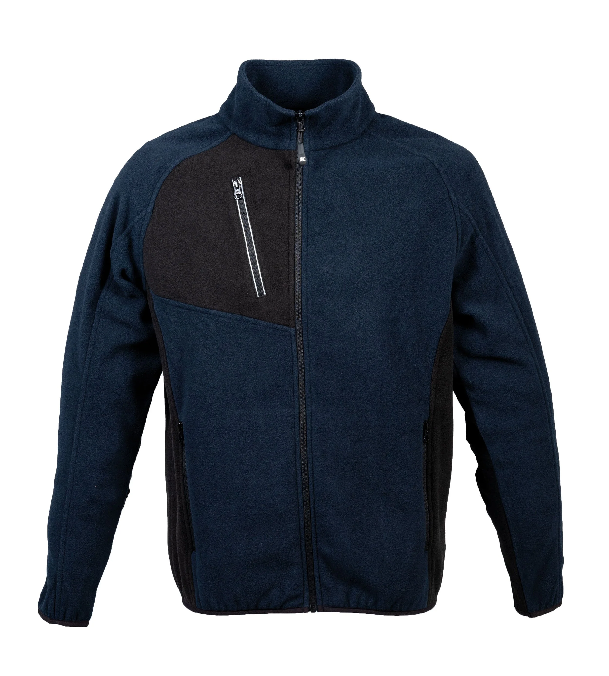 Navy blue and black fleece jacket with zippered pockets and high collar.
