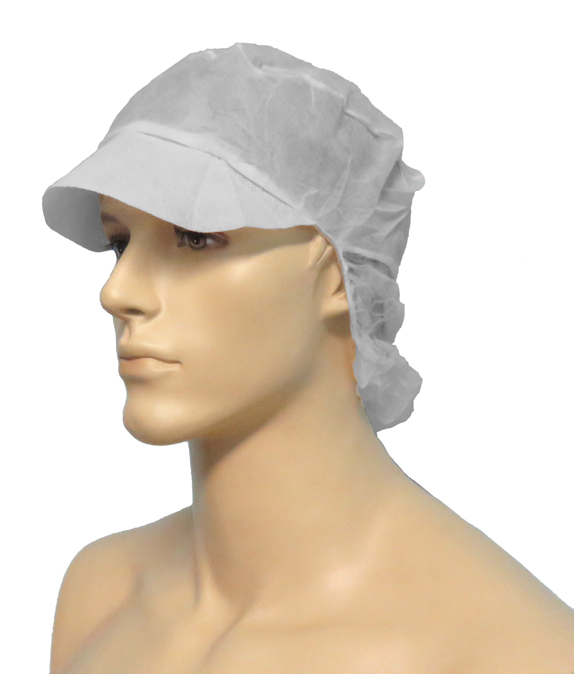 Mannequin wearing a white surgical cap with a brim.