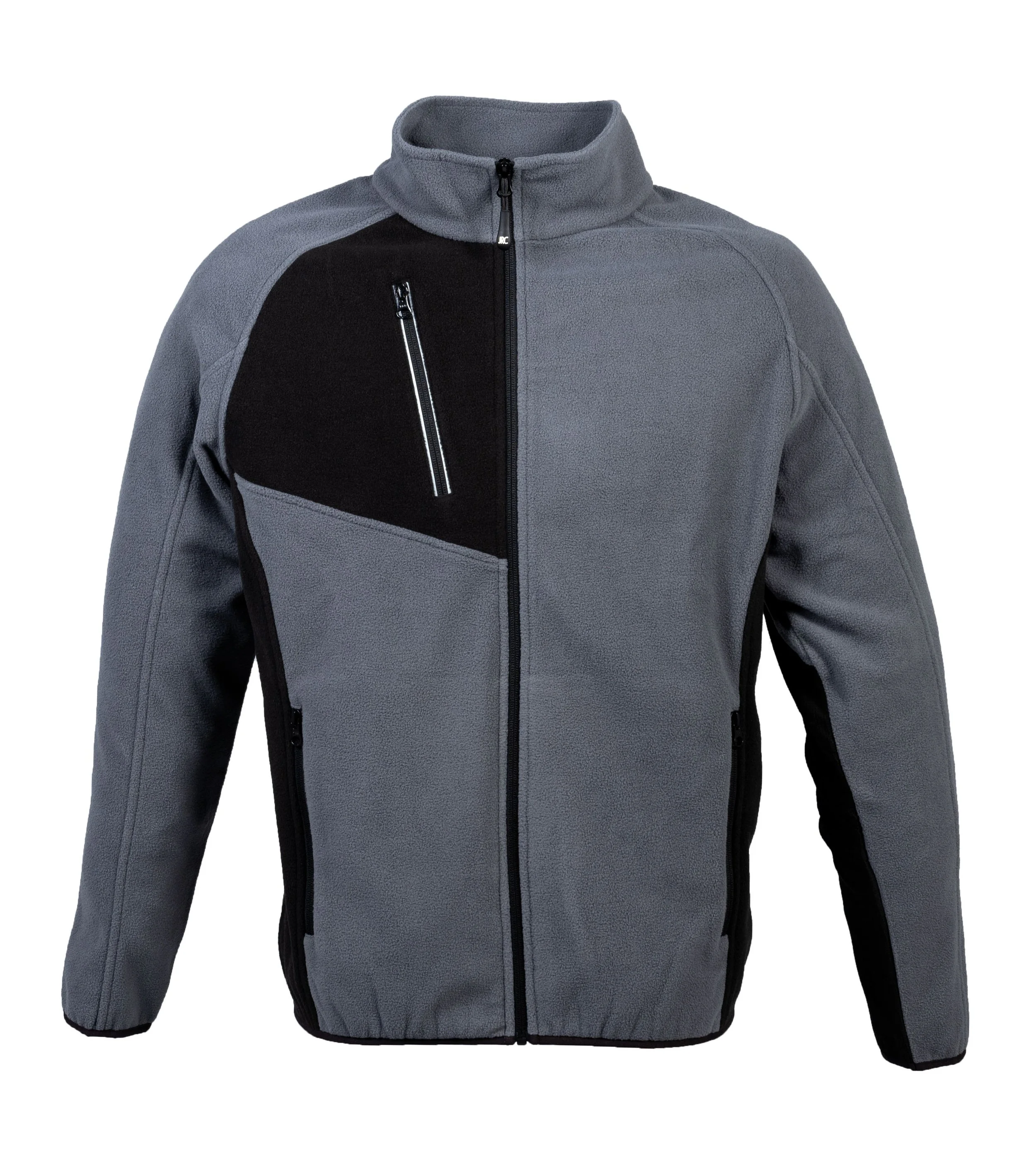 Gray and black men's fleece jacket with zippered pockets and a stand-up collar.