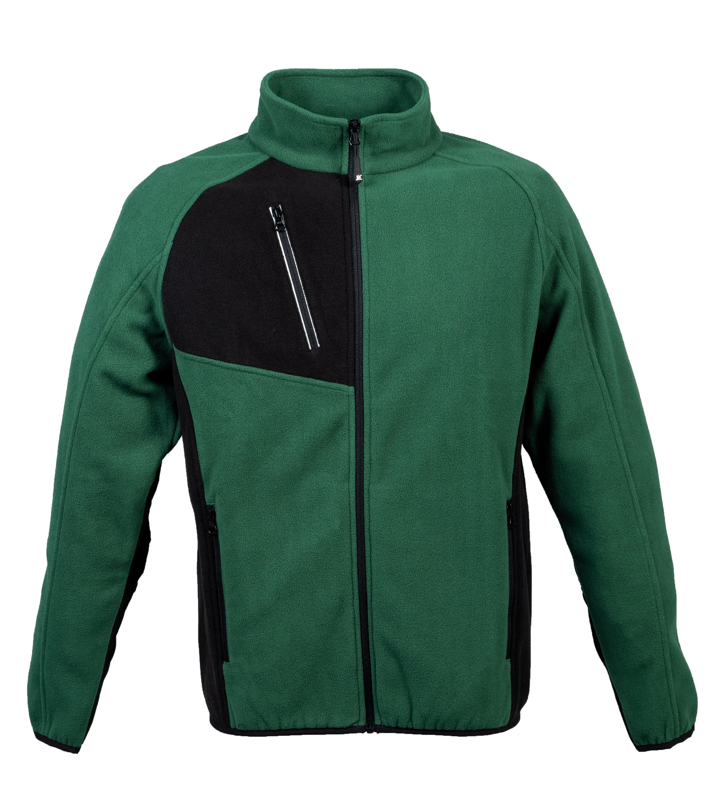 Green and black fleece jacket with zippered pockets and a front zipper.