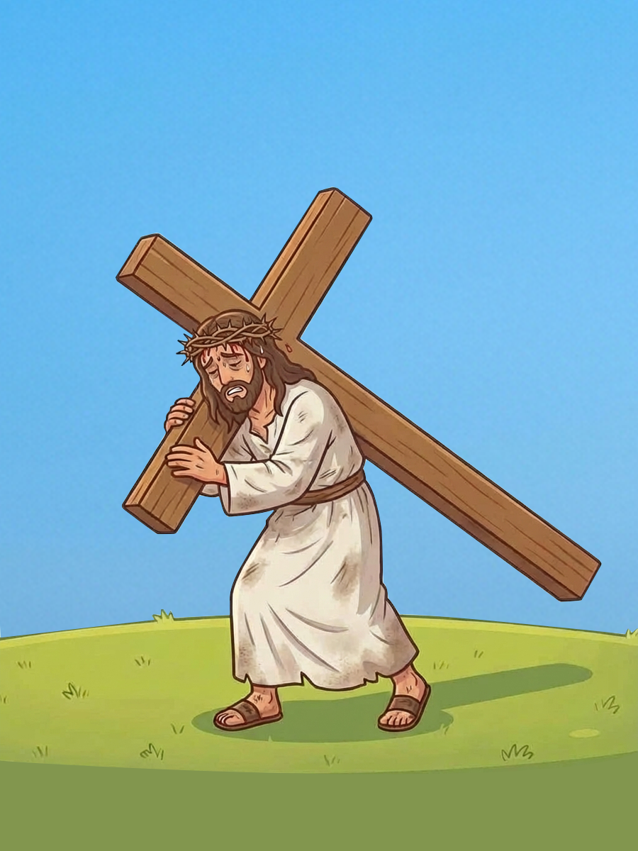 Jesus is weary, carries the cross.