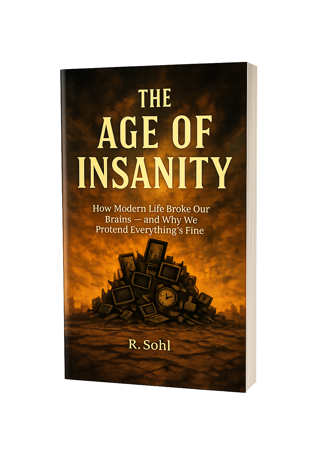 Book cover of “The Age of Insanity” by R. Sohl featuring a cracked surface with glowing light, symbolizing modern chaos and satire.