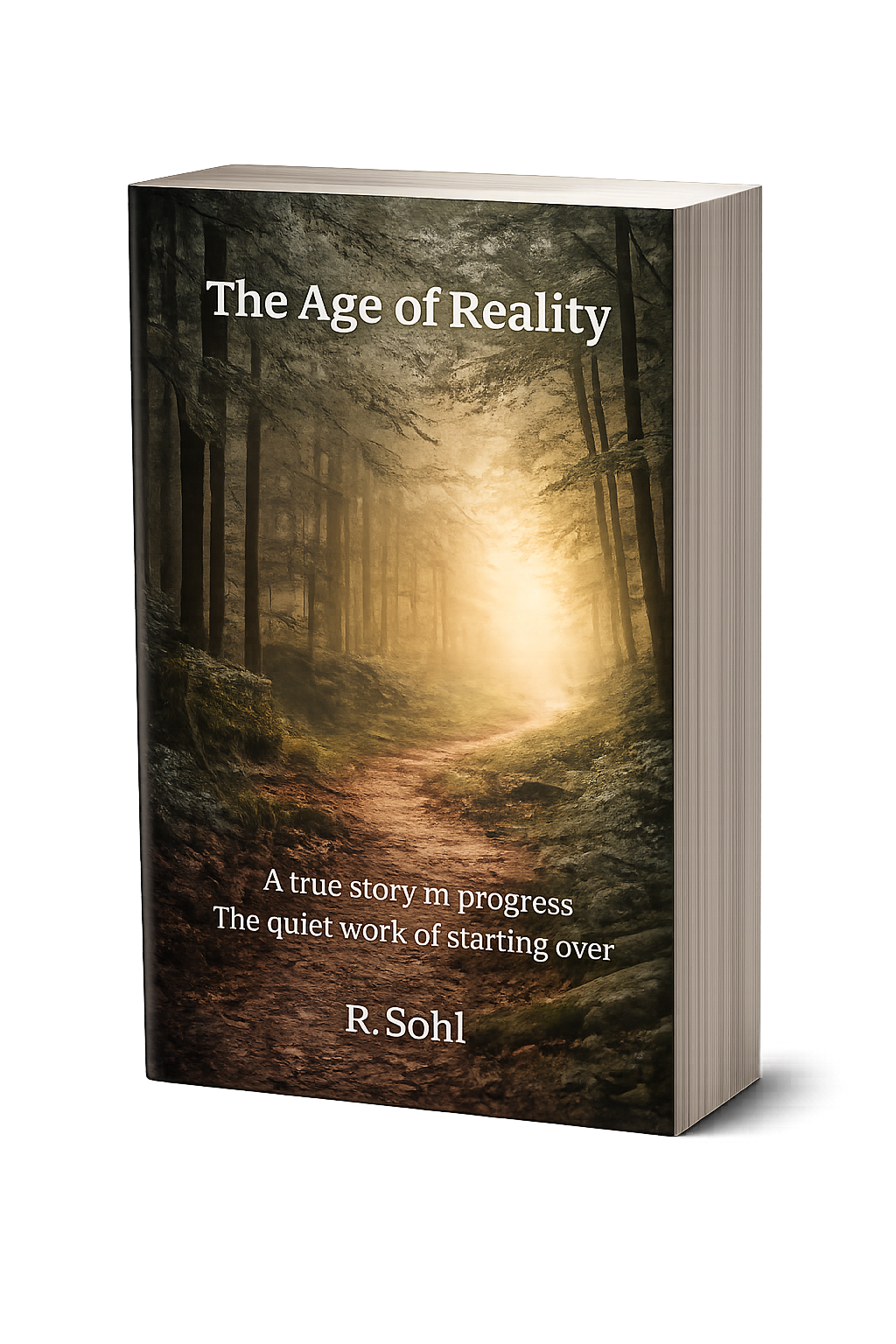 Book cover of “The Age of Reality” by R. Sohl featuring a forest path leading into light, symbolizing reflection and rebuilding.