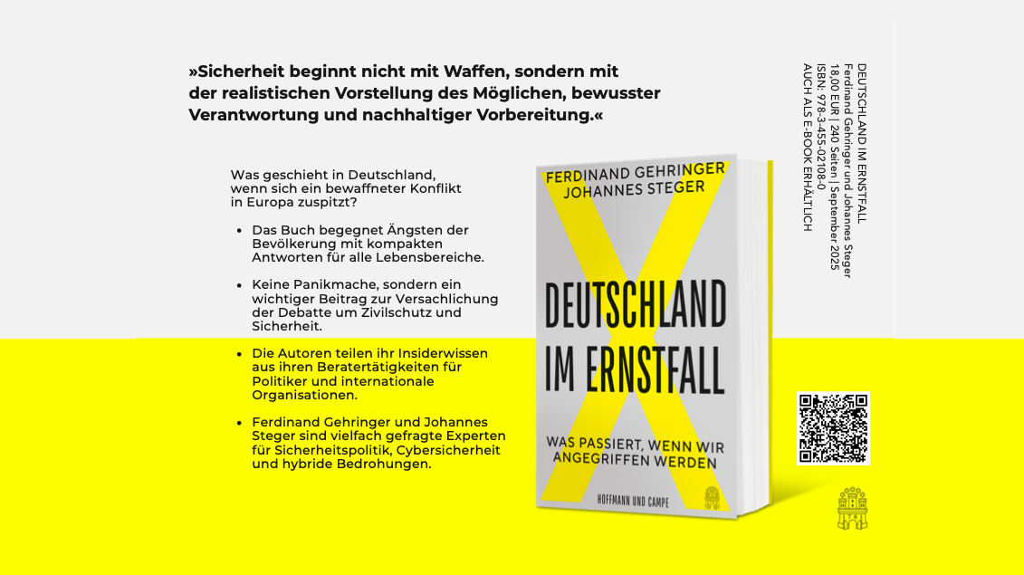 Buchcover und Textinformationen zu einem Buch über Deutschland im Ernstfall, mit Erwähnung von Ferdinand Gehringer und Johannes Steger, dazu QR-Code und Kontaktinformationen.