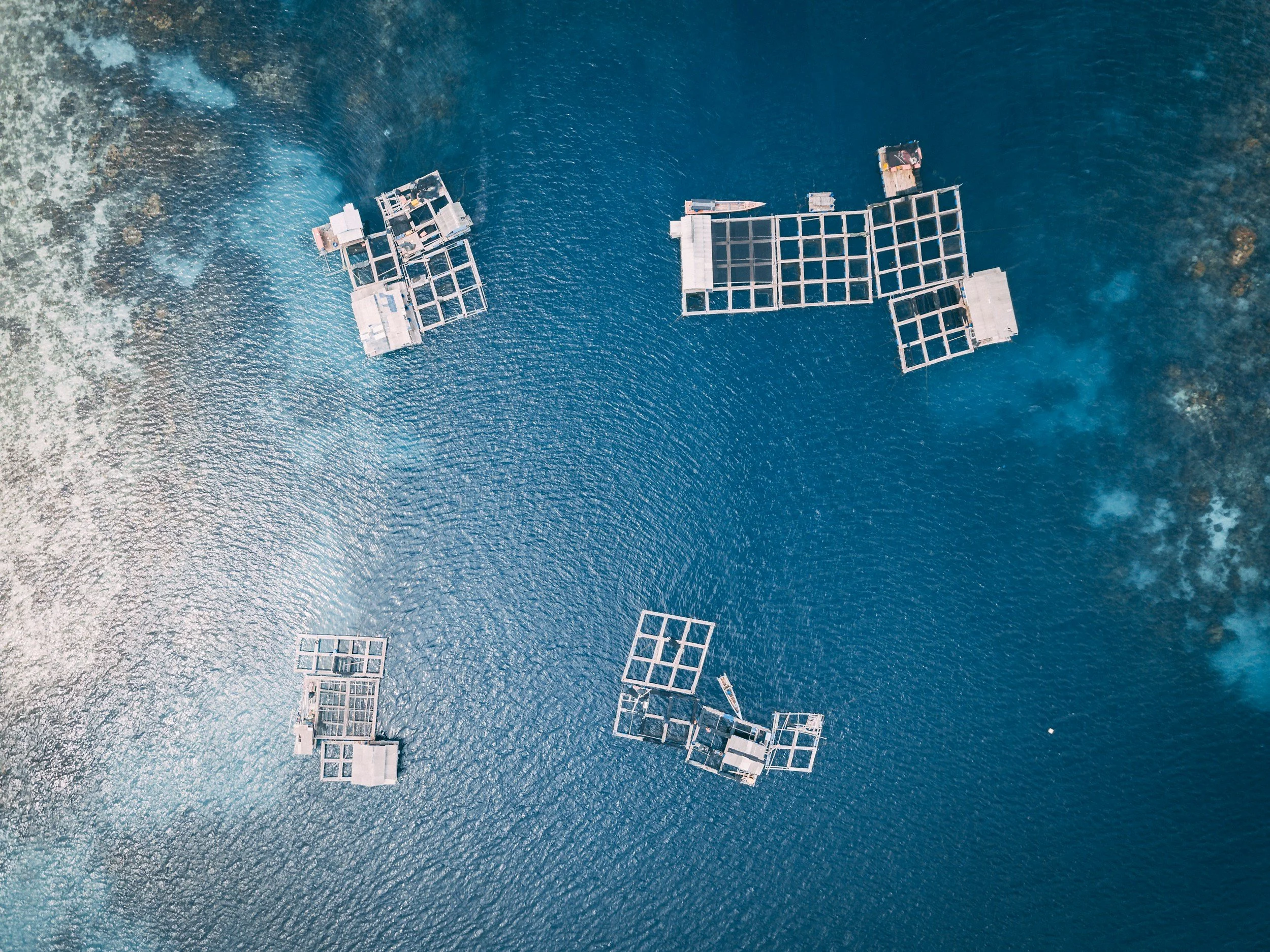 Aerial view of several solar panel arrays being installed in the ocean