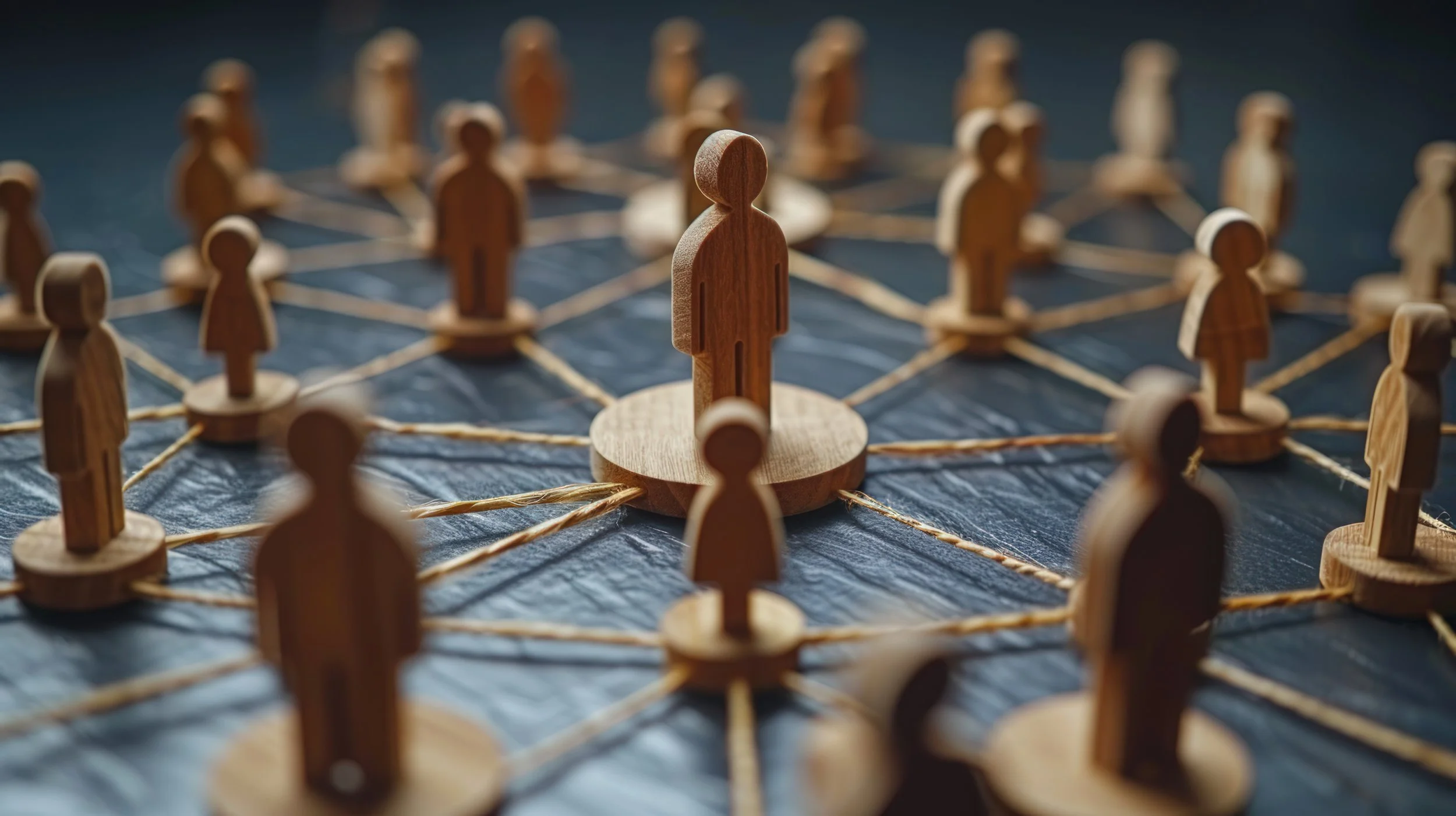 Wooden figurines connected by strings in a network pattern on a dark surface.