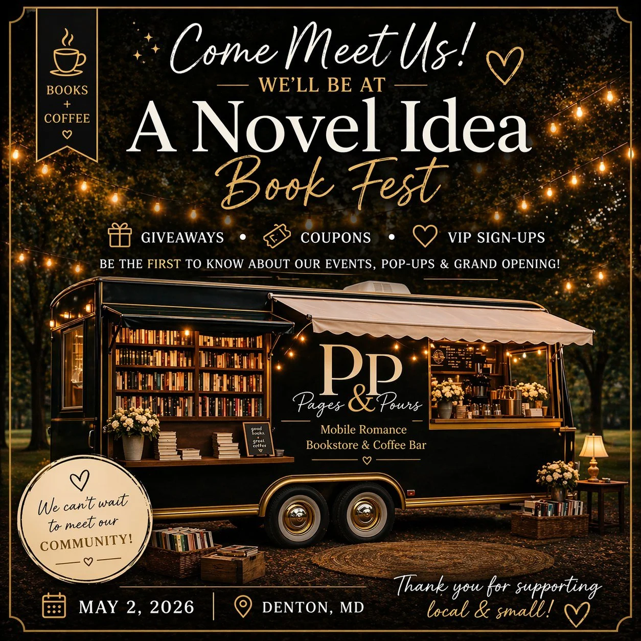 We&rsquo;re so excited to share that Pages &amp; Pours will be at the Caroline County Chamber of Commerce "A Novel Idea Book Fest" in Denton, MD! 📚☕

🗓️ Saturday, May 2, 2026
⏰ 11:00 AM &ndash; 3:00 PM

While our trailer won&rsquo;t be th