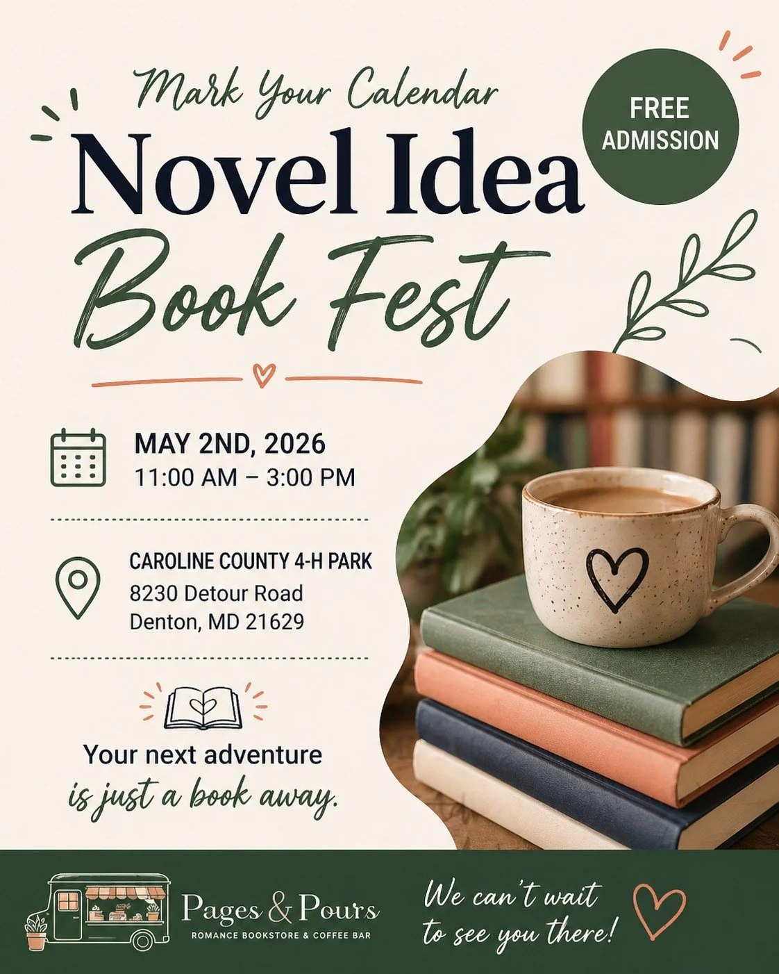 📚✨ We can&rsquo;t wait to see you there! ✨☕

Pages &amp; Pours will be at the Novel Idea Book Fest this Saturday, and we&rsquo;re so excited to be part of such a fun, book-filled day! 💚

While our trailer is still in the works, we&rsquo;ll be there