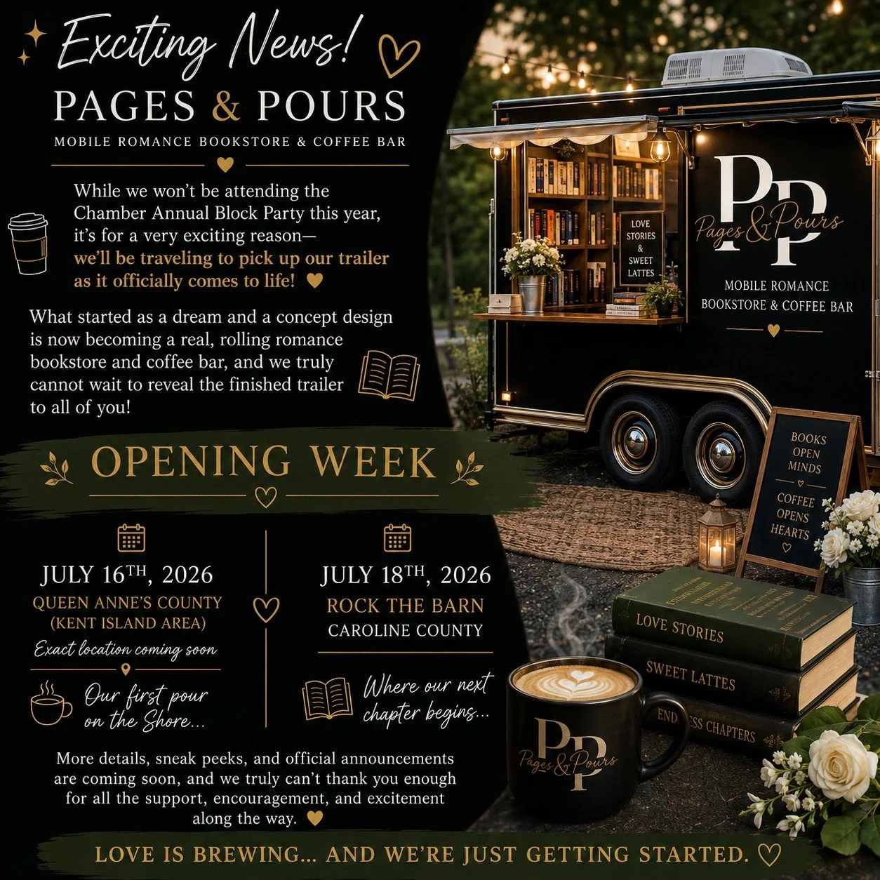 We&rsquo;re so excited to finally share the next chapter of Pages &amp; Pours 💚📚☕

While we WON'T be attending the Chamber Annual Block Party this year, it&rsquo;s for a very exciting reason &mdash; we&rsquo;ll be traveling to pick up our trailer a