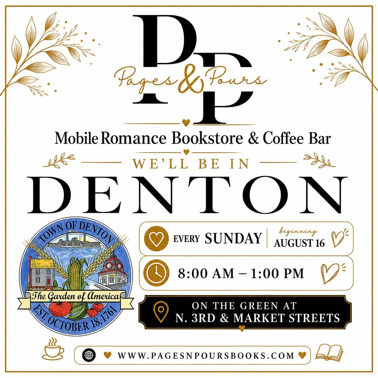 Tomorrow is our first Sunday in Denton! ☕📚🤎

Come spend your Sunday morning with Pages &amp; Pours on the green at N. 3rd &amp; Market Streets.  We&rsquo;ll have the coffee flowing, plenty of romance reads to browse, and all the cozy Pages &amp; Po