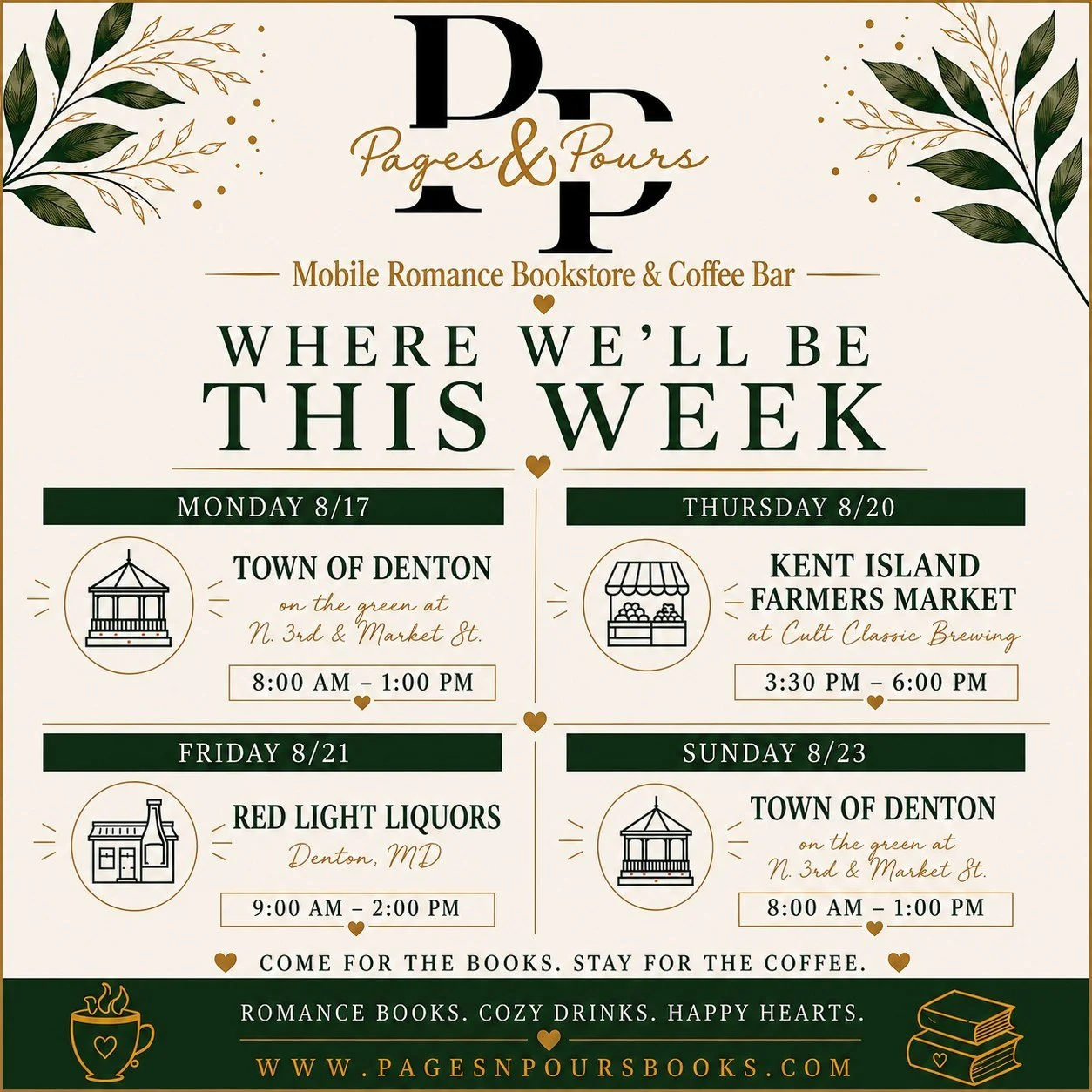 Here&rsquo;s where you can find us this week! 📚☕️

We&rsquo;ve got four stops coming up, with plenty of books, coffee, and cozy vibes along the way. Come see us, grab your favorite drink, and find your next romance read! 💚✨

#PagesAndPours #MobileB