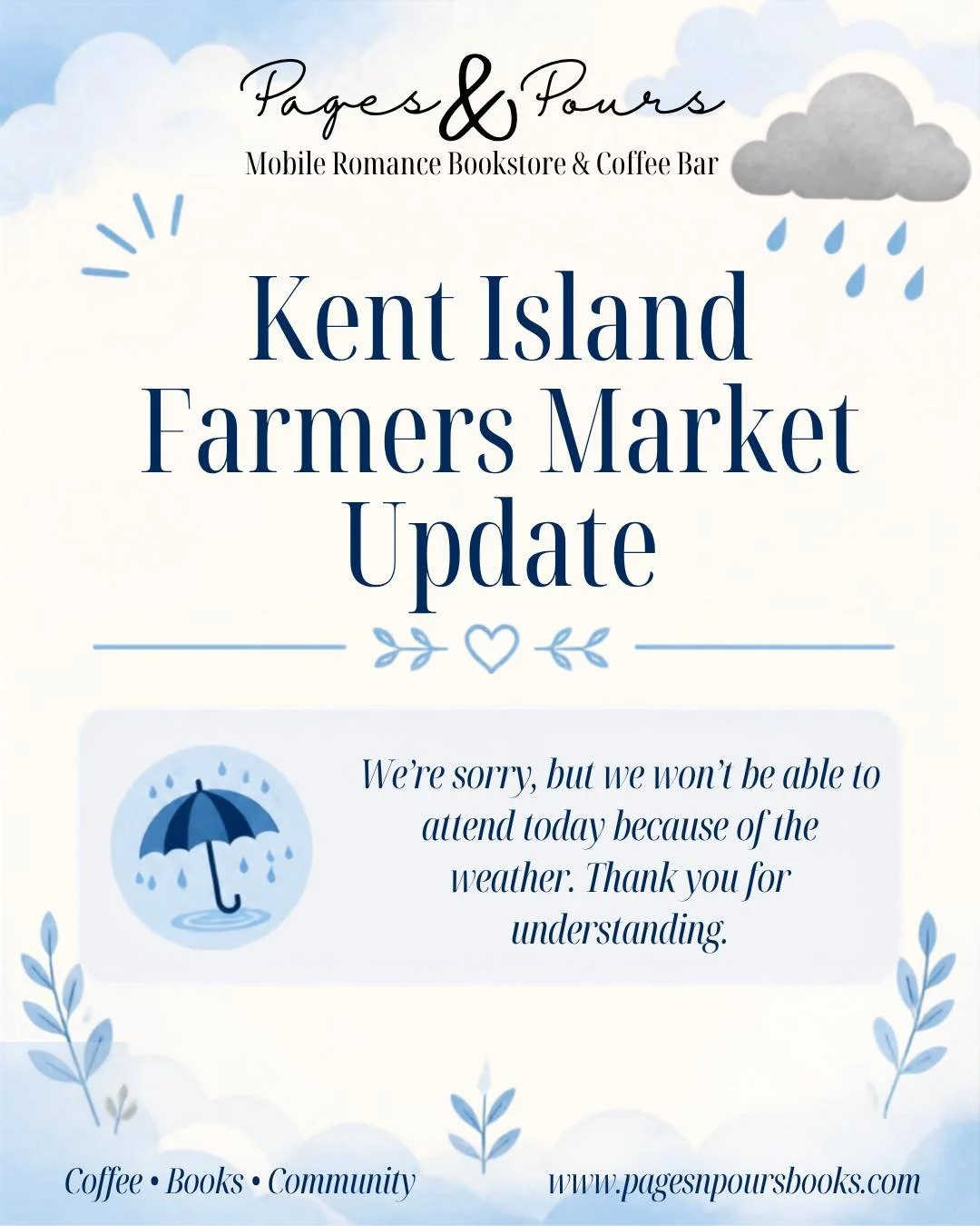 We&rsquo;re so sorry, Kent Island! 💙☔️

After watching the weather closely and giving it a lot of thought, we&rsquo;ve made the difficult decision to sit out today&rsquo;s Kent Island Farmers' Market. We truly hate missing a day with you all, but wi