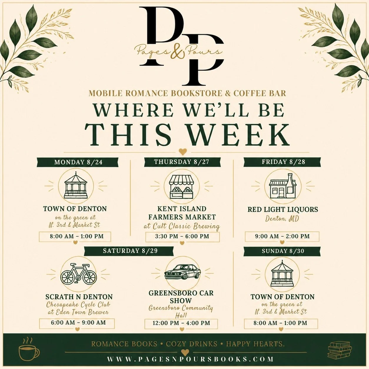 We&rsquo;ve got a FULL week ahead! 📚☕️💚

Come find Pages &amp; Pours around the Eastern Shore this week for romance books, cozy drinks, and plenty of good vibes. ✨

We&rsquo;ll be making our regular stops in Denton and Kent Island, plus TWO special