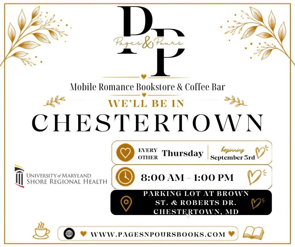 📚☕ CHESTERTOWN, WE&rsquo;RE COMING YOUR WAY! ☕📚

We are SO excited to announce that Pages &amp; Pours is adding Chestertown to our regular schedule! 🤎

Beginning Thursday, September 3rd, you can find our mobile romance bookstore &amp; coffee bar i